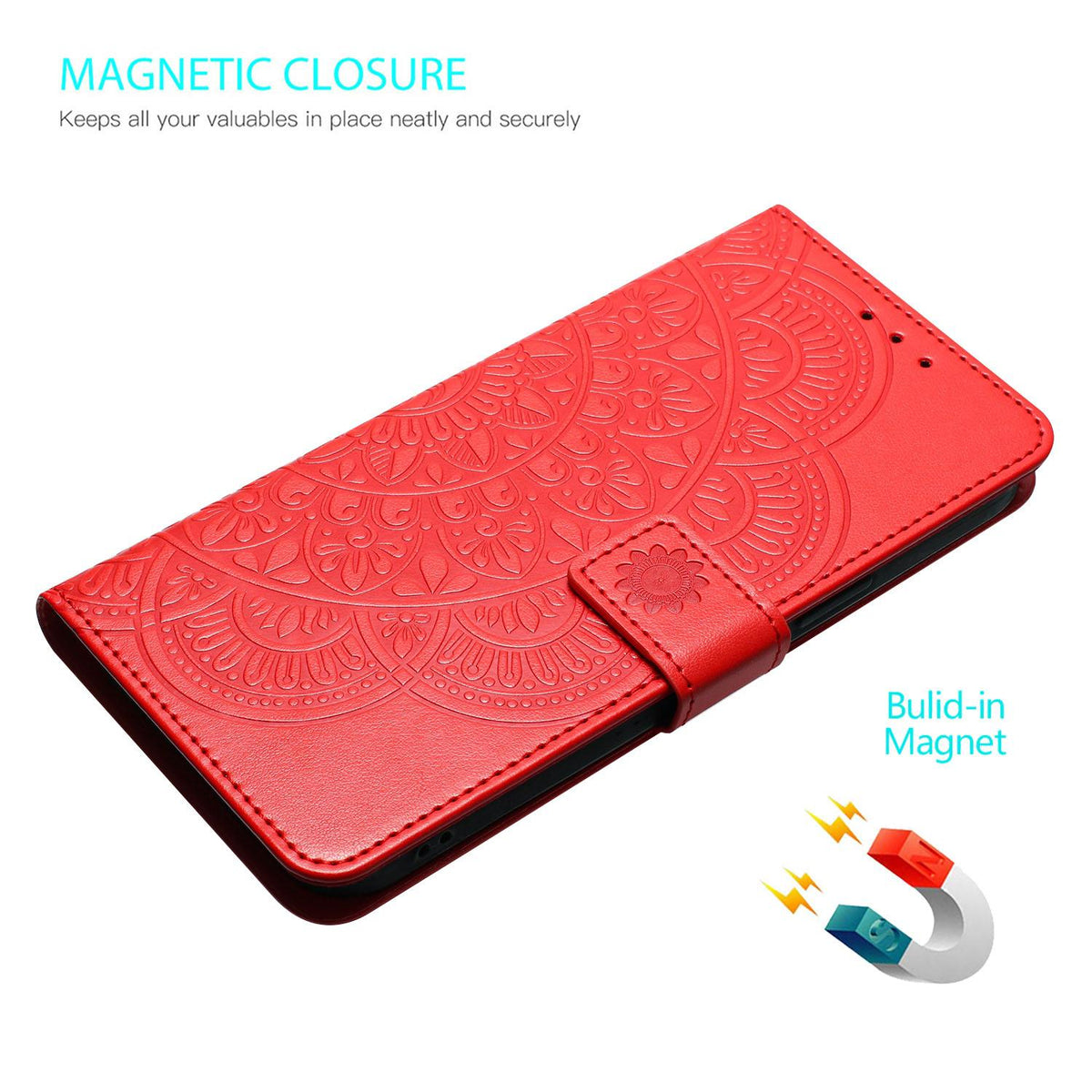 Compatible with iPhone 18 Pro Max Flower Embossed Leather Phone Case - Red