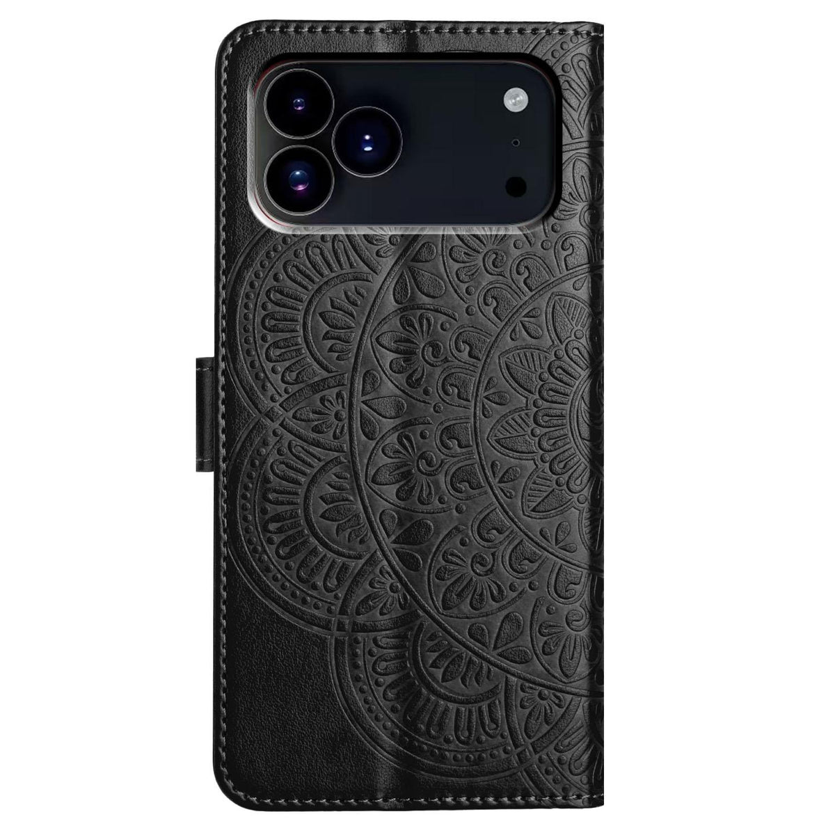 Compatible with iPhone 18 Pro Max Flower Embossed Leather Phone Case - Black