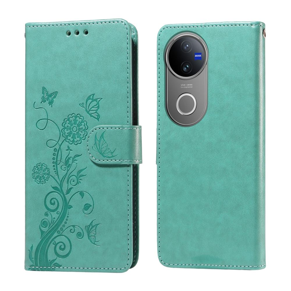 For vivo V50 Embossed Butterfly Flowers Leather Phone Case(Green)