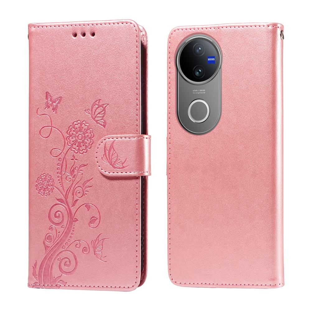 For vivo V50 Embossed Butterfly Flowers Leather Phone Case(Rose Gold)