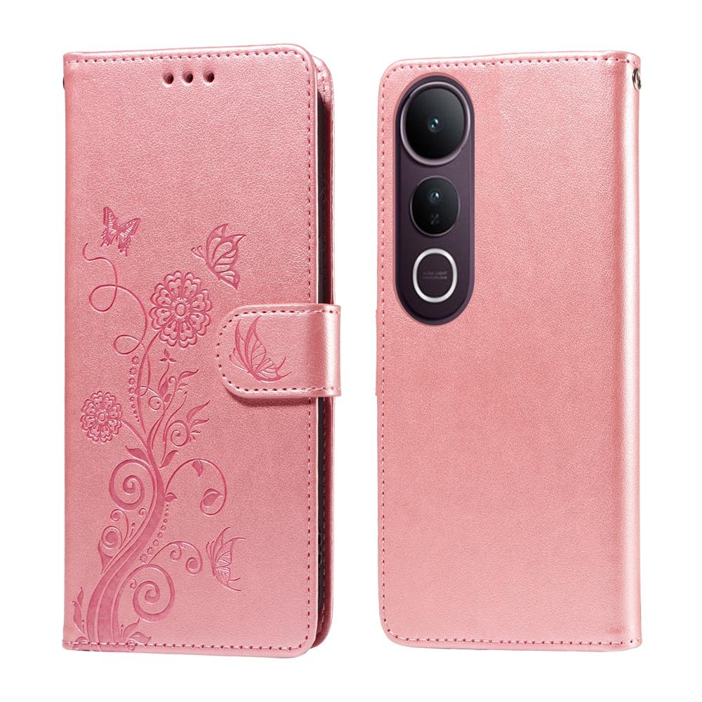 For vivo V50 Lite 4G / 5G Embossed Butterfly Flowers Leather Phone Case(Rose Gold)