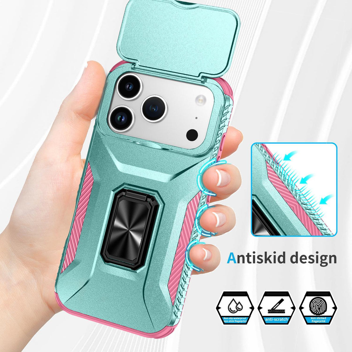 Compatible with iPhone 18 Pro Max Sliding Camshield Holder Phone Case - Pink + Grey Green