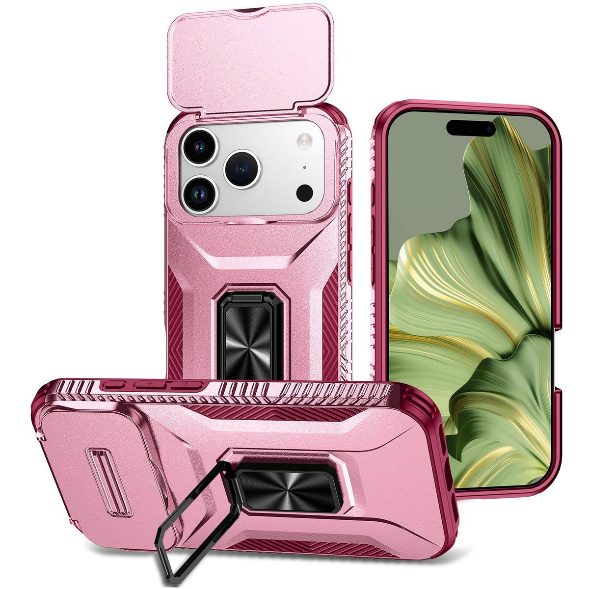 Compatible with iPhone 18 Pro Max Sliding Camshield Holder Phone Case - Pink + Rose Red