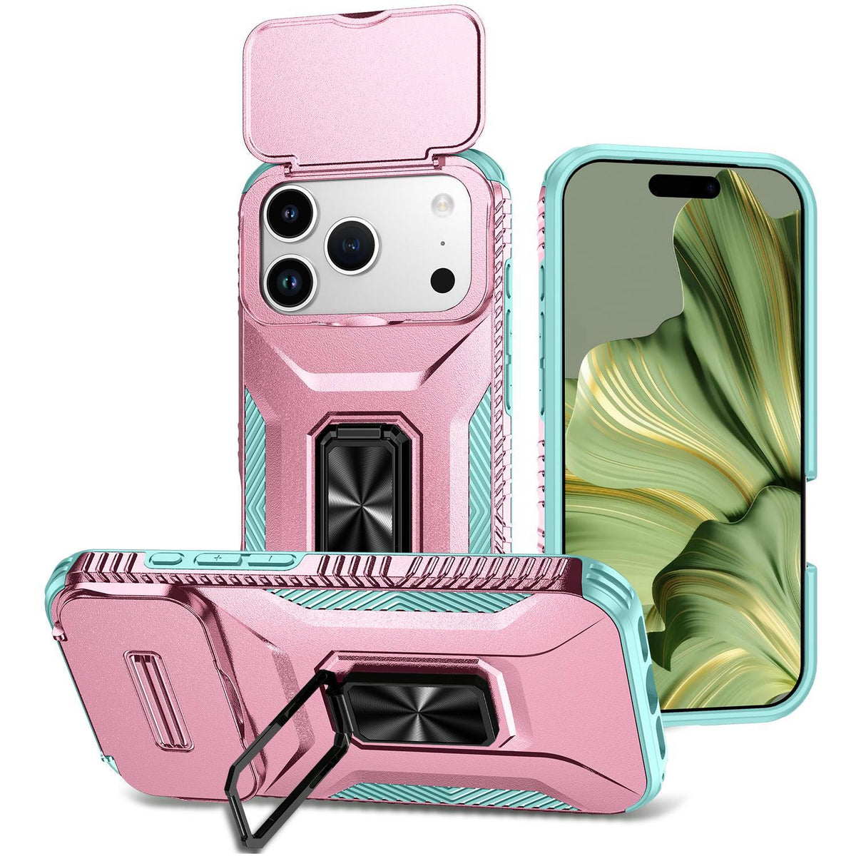 Compatible with iPhone 18 Pro Max Sliding Camshield Holder Phone Case - Grey Green + Pink