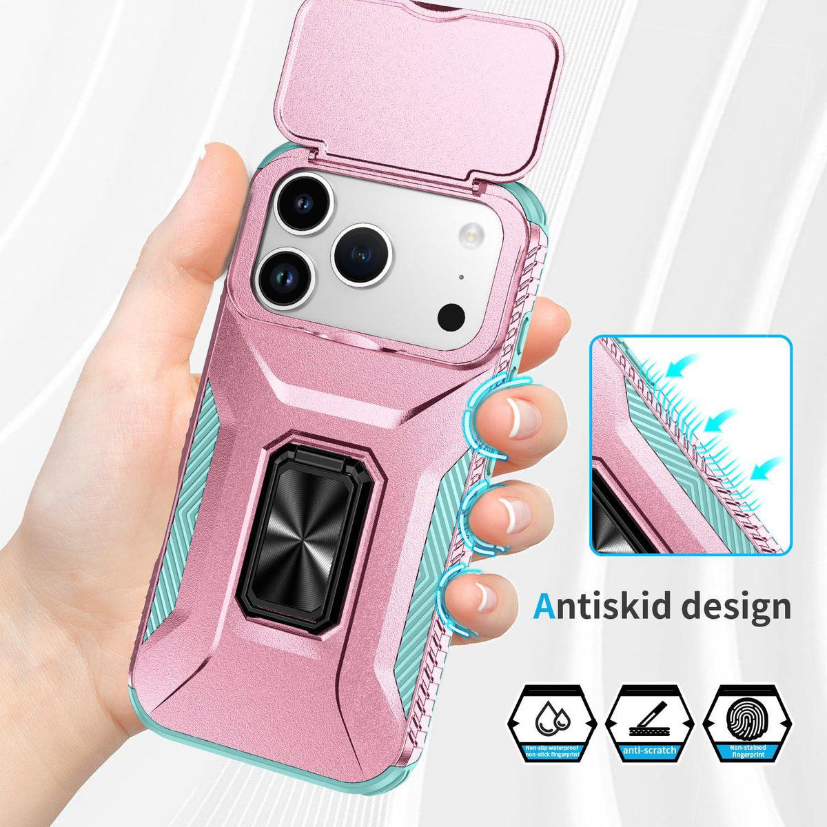Compatible with iPhone 18 Pro Max Sliding Camshield Holder Phone Case - Grey Green + Pink