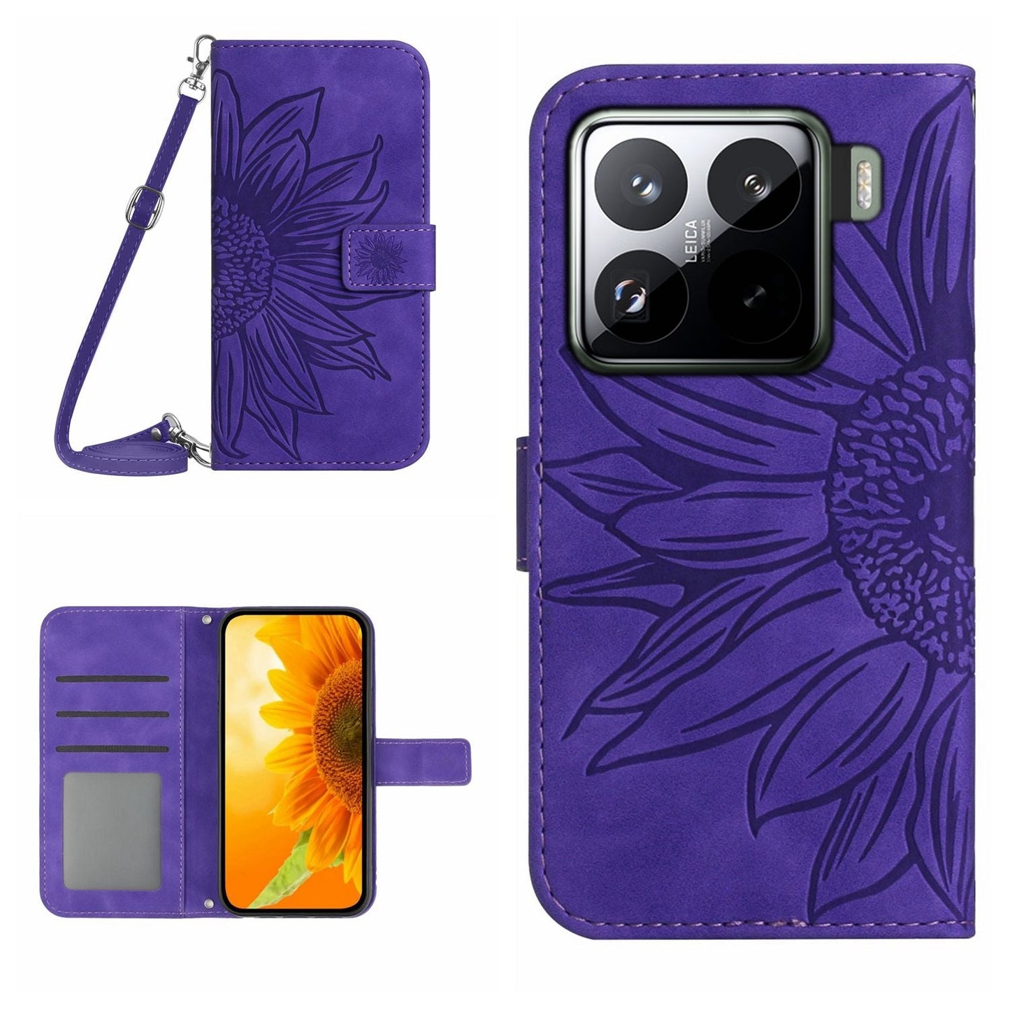 For Xiaomi 15 Pro Skin Feel Sun Flower Embossed Flip Leather Phone Case with Lanyard(Dark Purple)