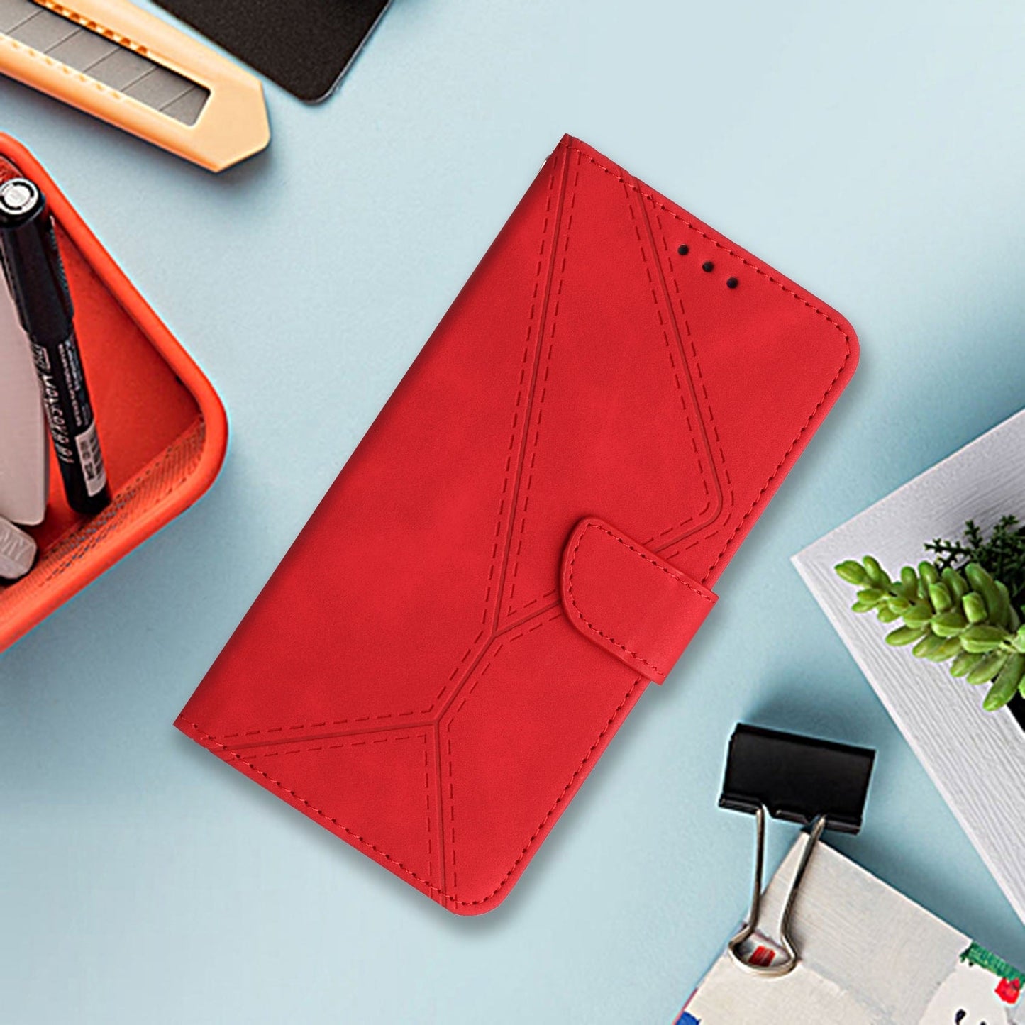 For Redmi 14C 4G Stitching Embossed Leather Phone Case(Red)