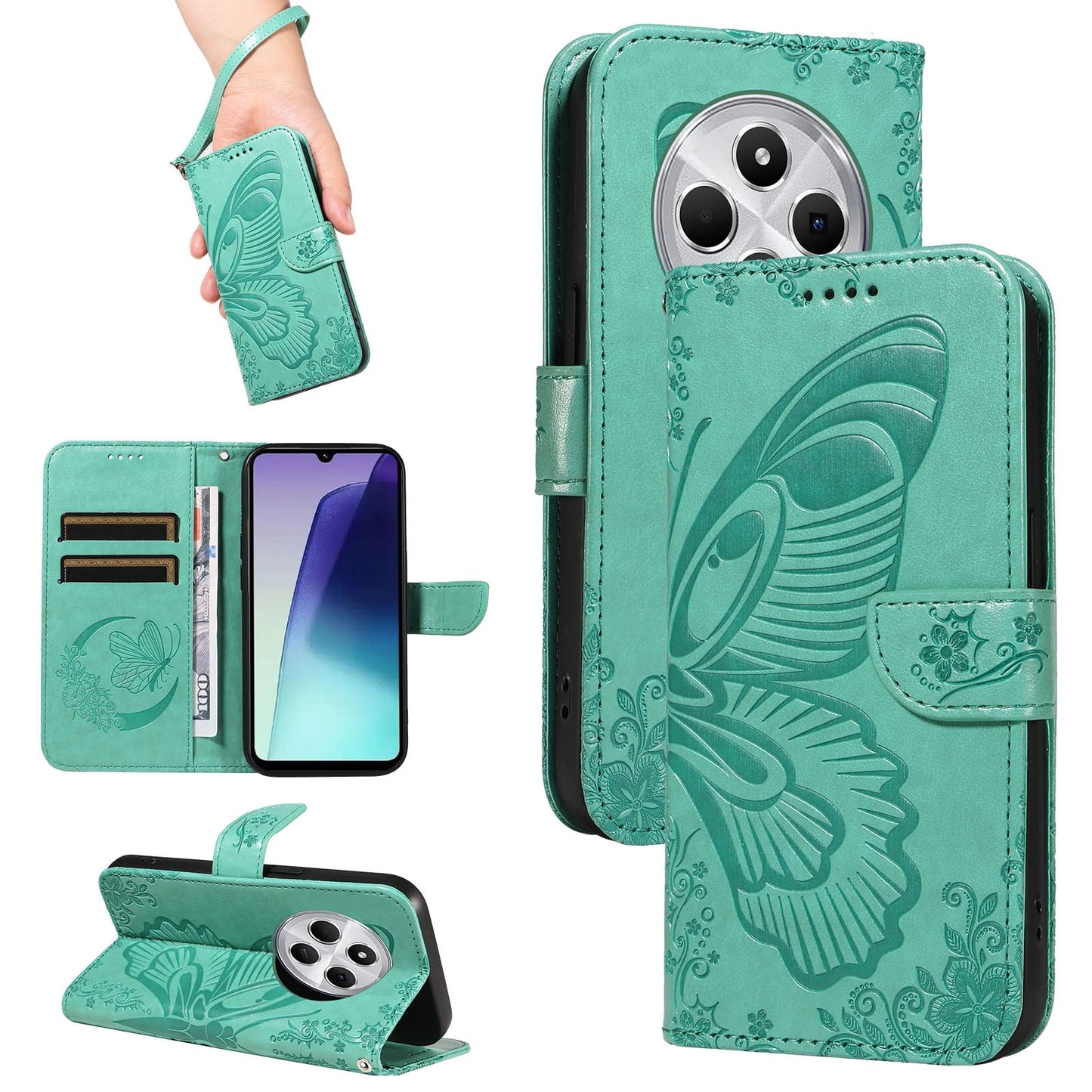 For Redmi 14C 4G Swallowtail Butterfly Embossed Leather Phone Case(Green)