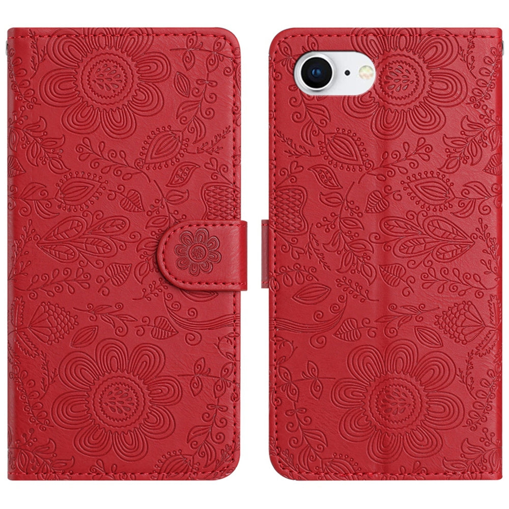For iPhone 16e Floral Embossed Pattern Leather Phone Case(Red)