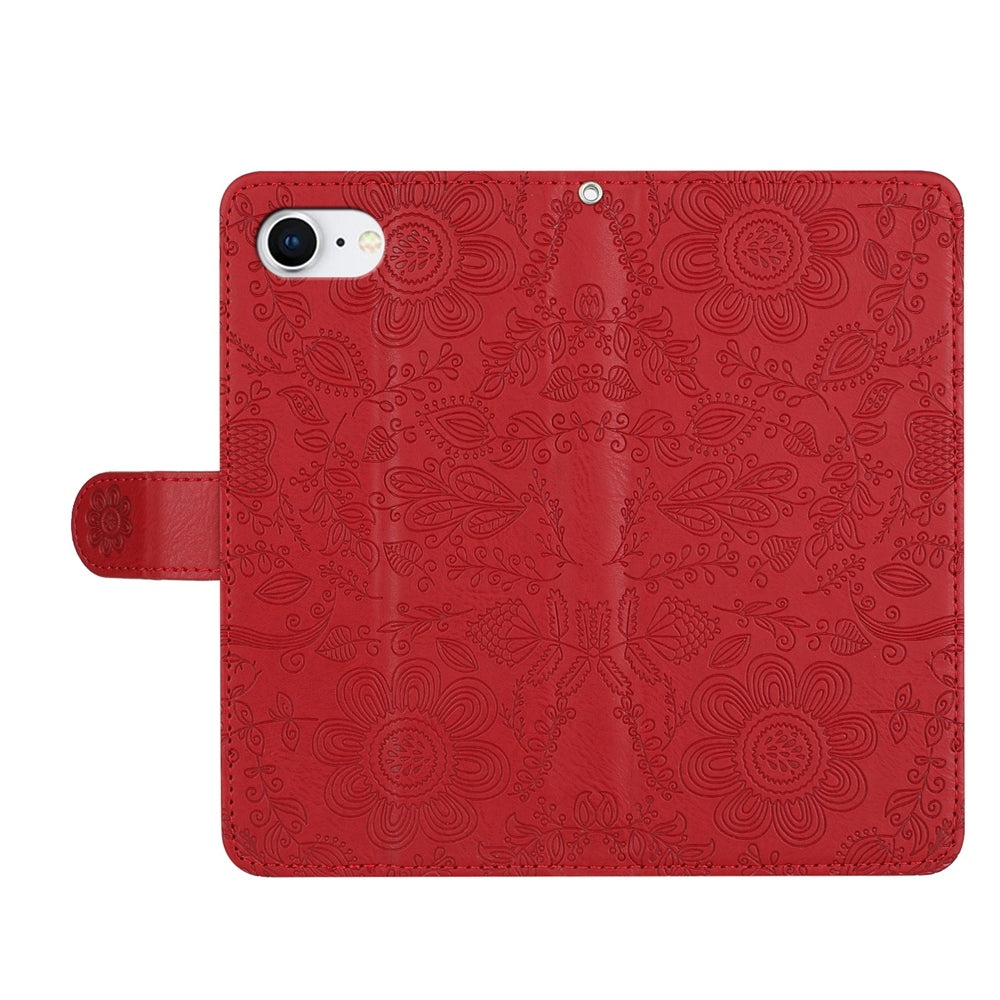 For iPhone 16e Floral Embossed Pattern Leather Phone Case(Red)