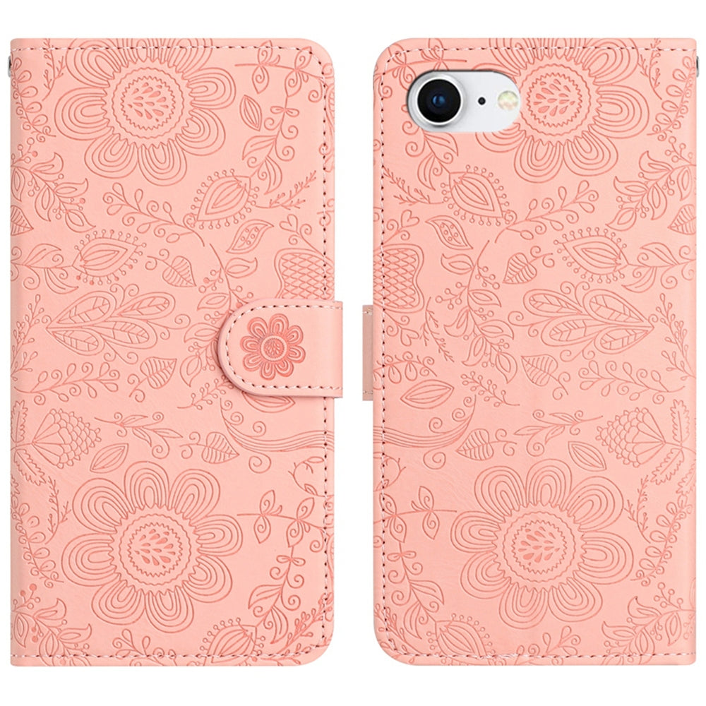 For iPhone 16e Floral Embossed Pattern Leather Phone Case(Pink)
