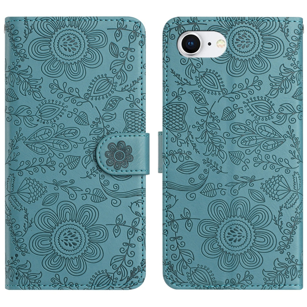 For iPhone 16e Floral Embossed Pattern Leather Phone Case(Dark Green)