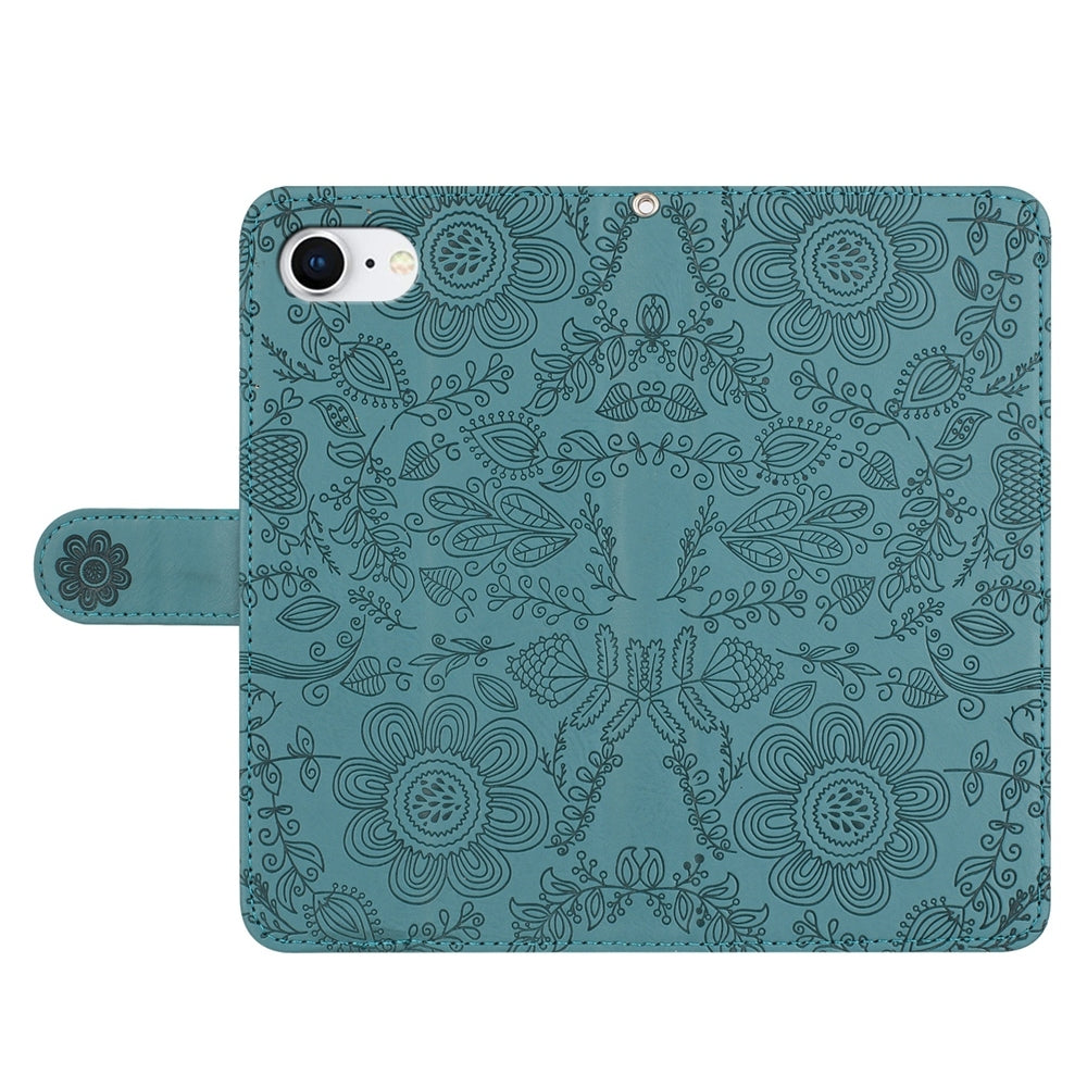 For iPhone 16e Floral Embossed Pattern Leather Phone Case(Dark Green)