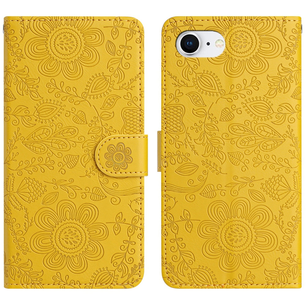 For iPhone 16e Floral Embossed Pattern Leather Phone Case(Yellow)
