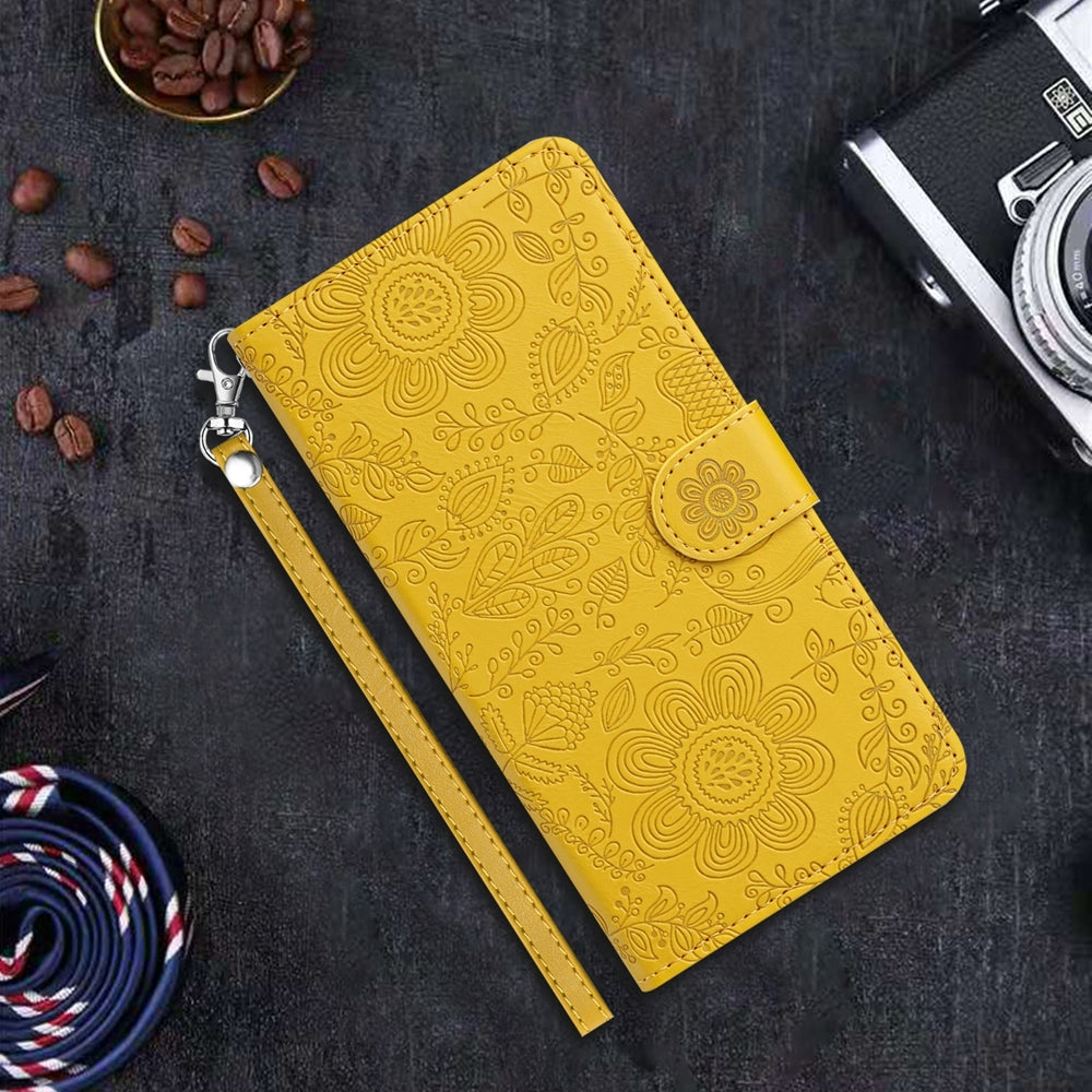 For iPhone 16e Floral Embossed Pattern Leather Phone Case(Yellow)