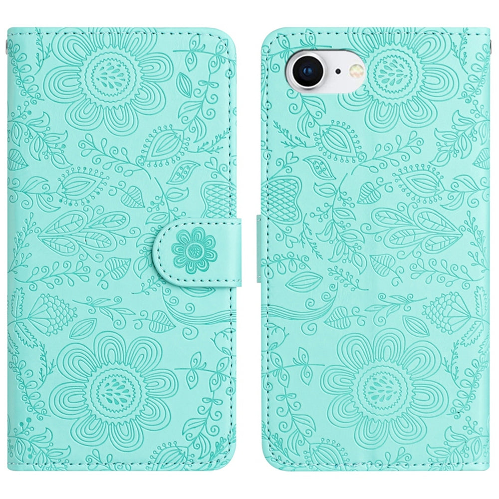 For iPhone 16e Floral Embossed Pattern Leather Phone Case(Light Green)