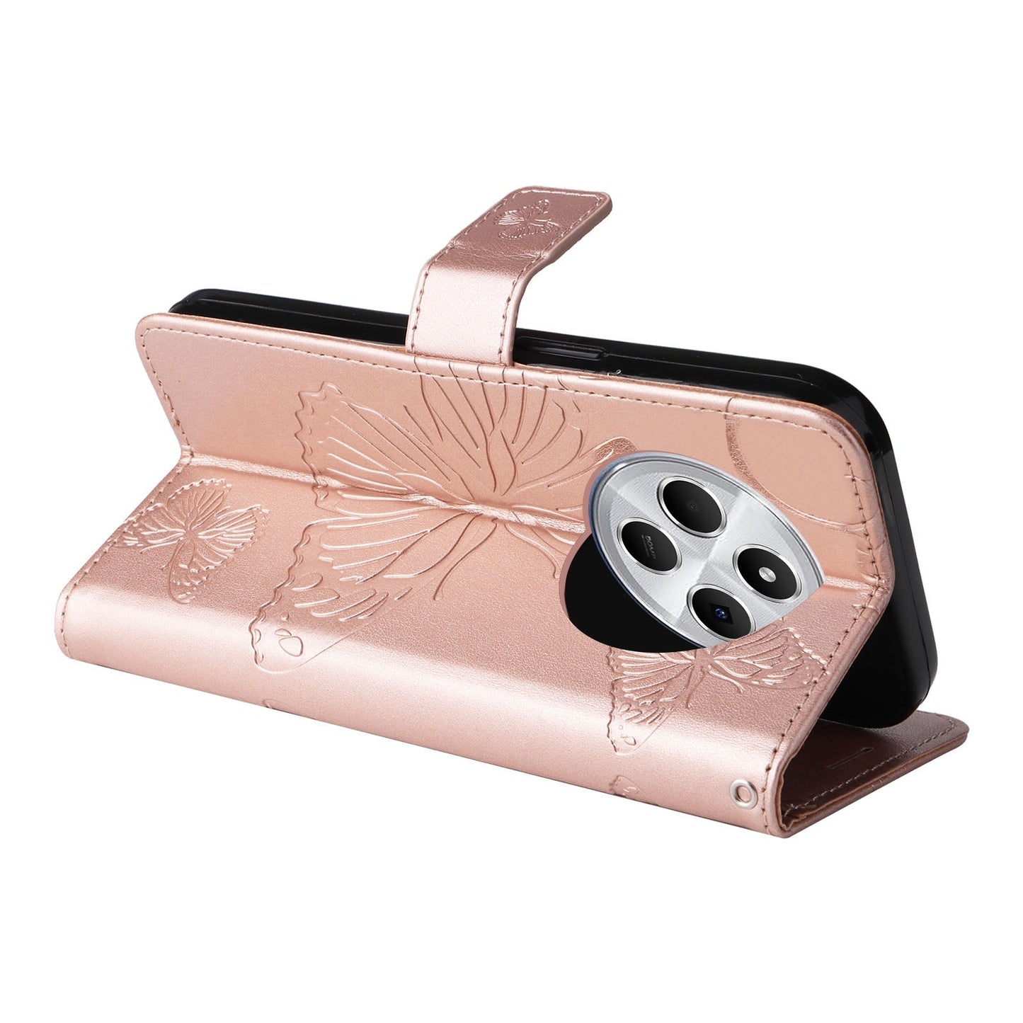 For Redmi 14C 4G Global 3D Butterfly Embossed Pattern Flip Leather Phone Case(Rose Gold)