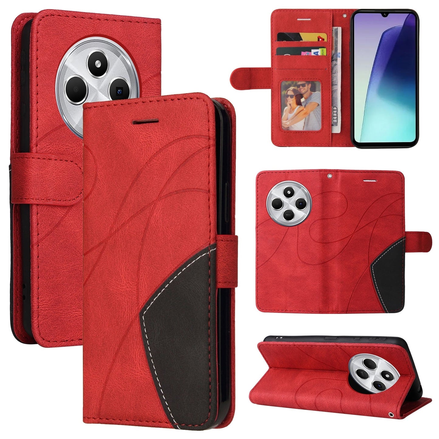 For Redmi 14C 4G Global Dual-color Splicing Flip Leather Phone Case(Red)