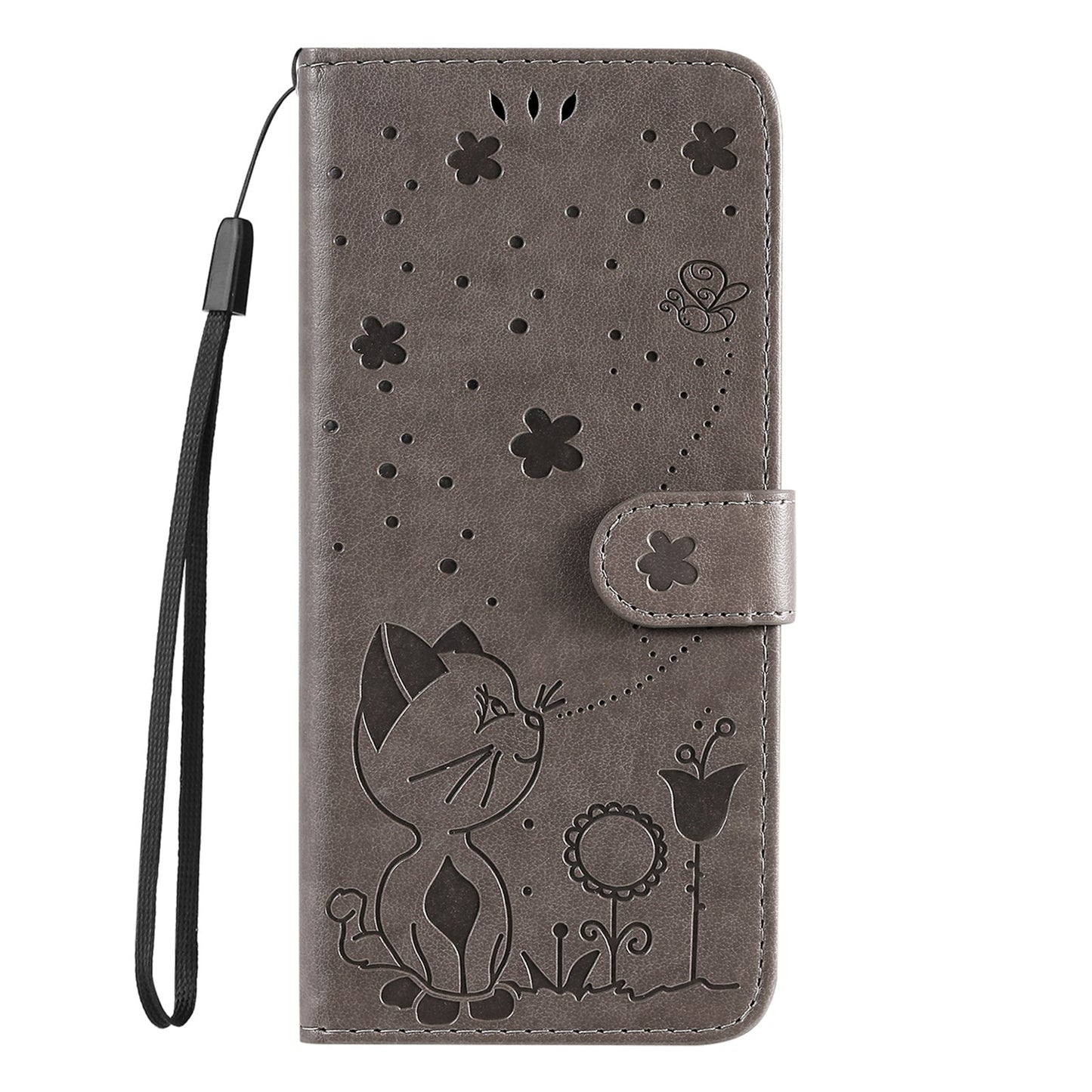 For Redmi 14C 4G Global Cat and Bee Embossed Flip Leather Phone Case(Grey)
