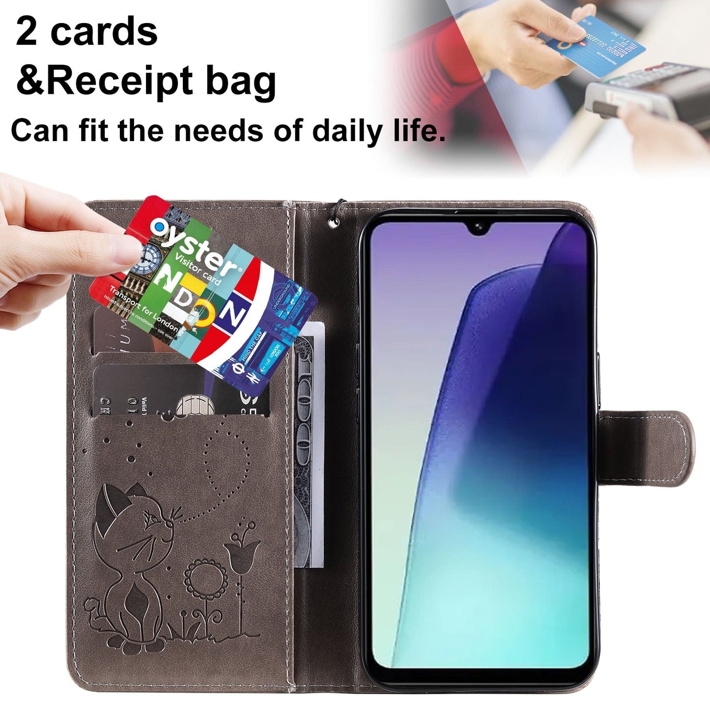 For Redmi 14C 4G Global Cat and Bee Embossed Flip Leather Phone Case(Grey)