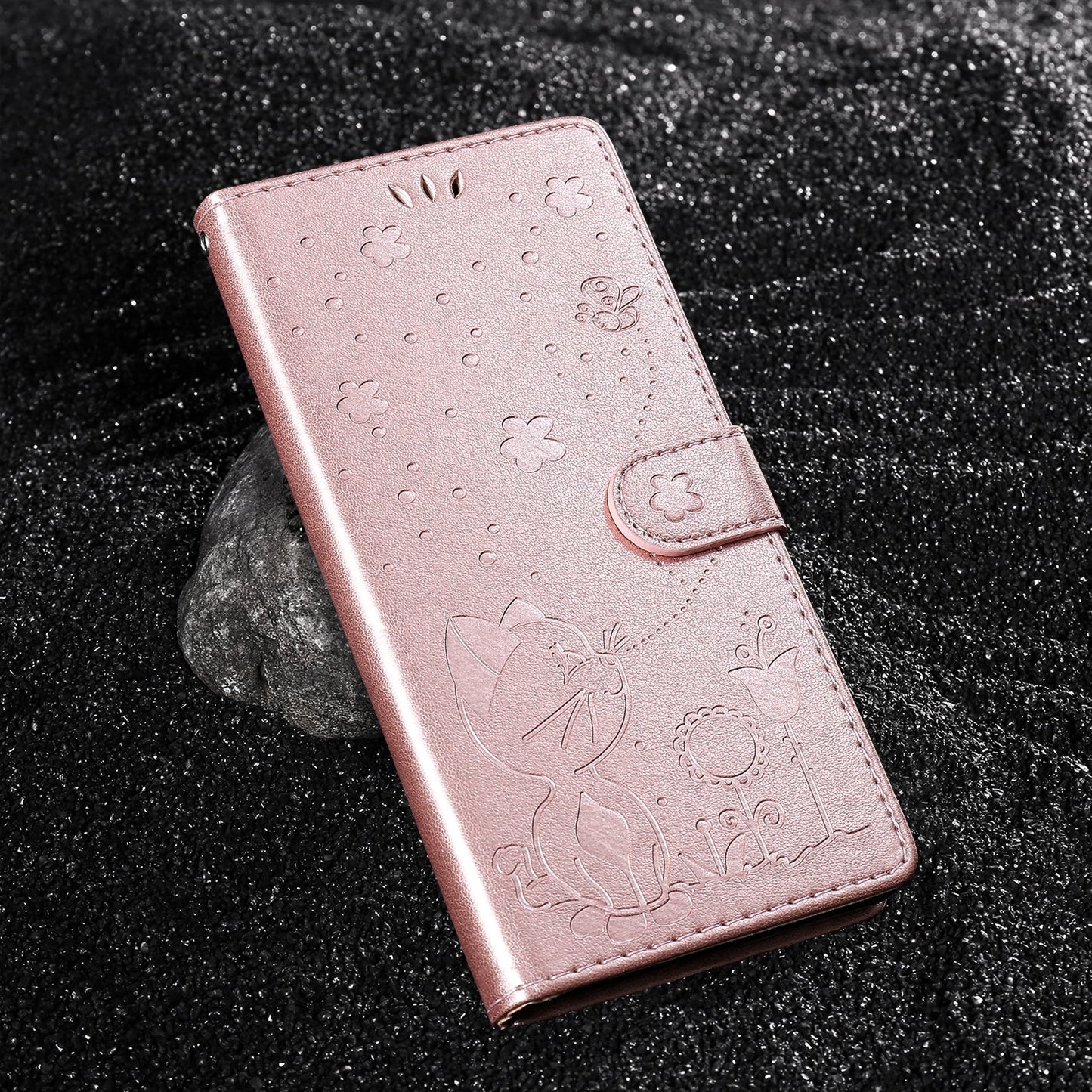 For Redmi 14C 4G Global Cat and Bee Embossed Flip Leather Phone Case(Rose Gold)