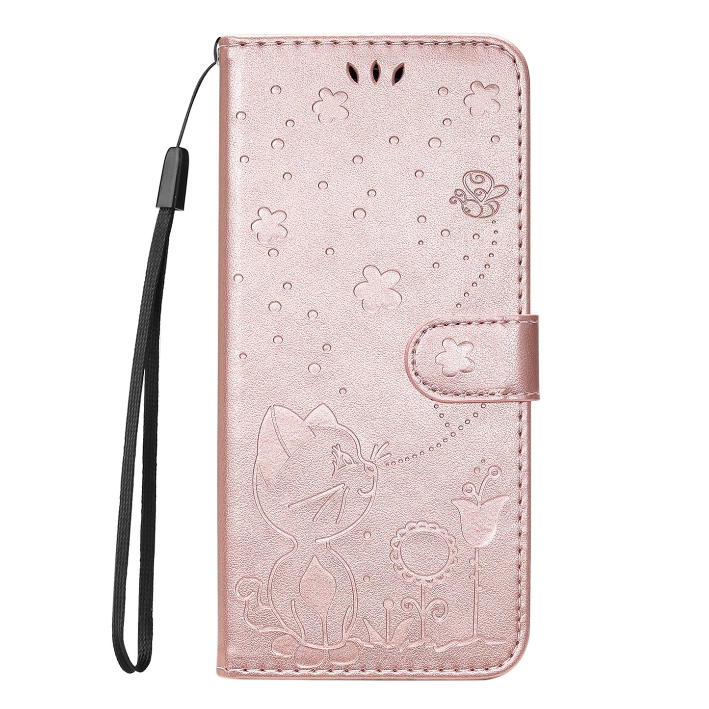 For Redmi 14C 4G Global Cat and Bee Embossed Flip Leather Phone Case(Rose Gold)