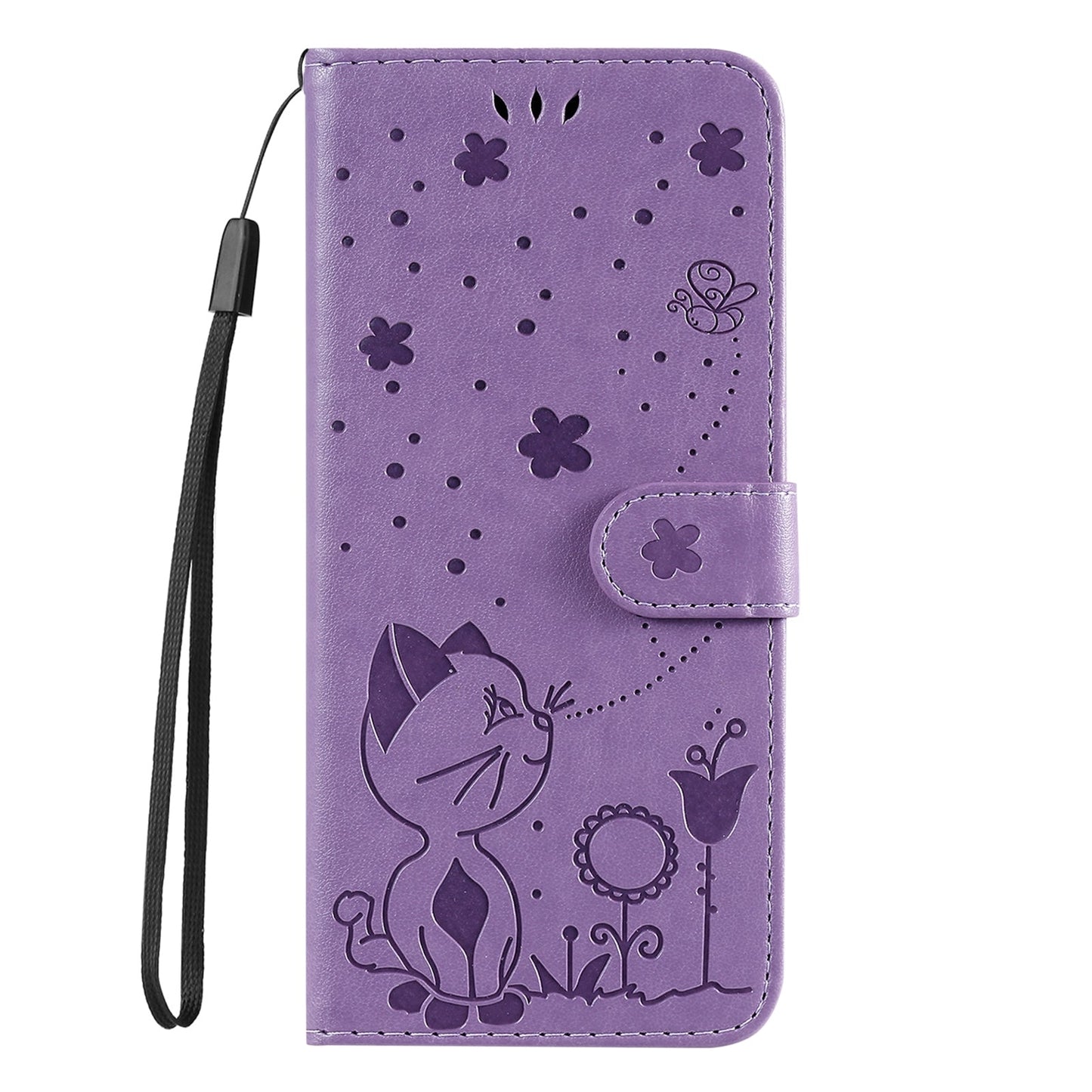 For Redmi 14C 4G Global Cat and Bee Embossed Flip Leather Phone Case(Purple)