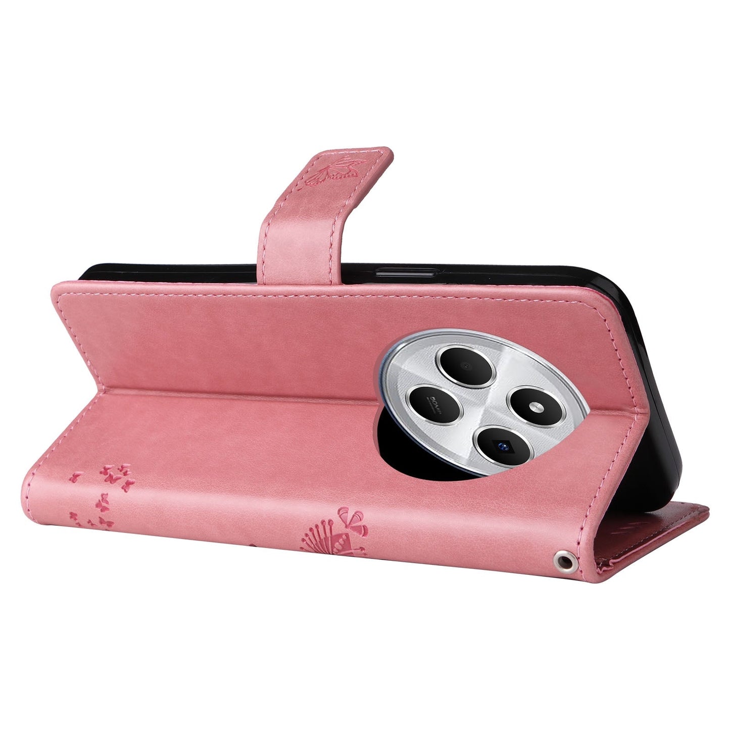 For Redmi 14C 4G Global Tree & Cat Embossed Pattern Flip Leather Phone Case(Pink)