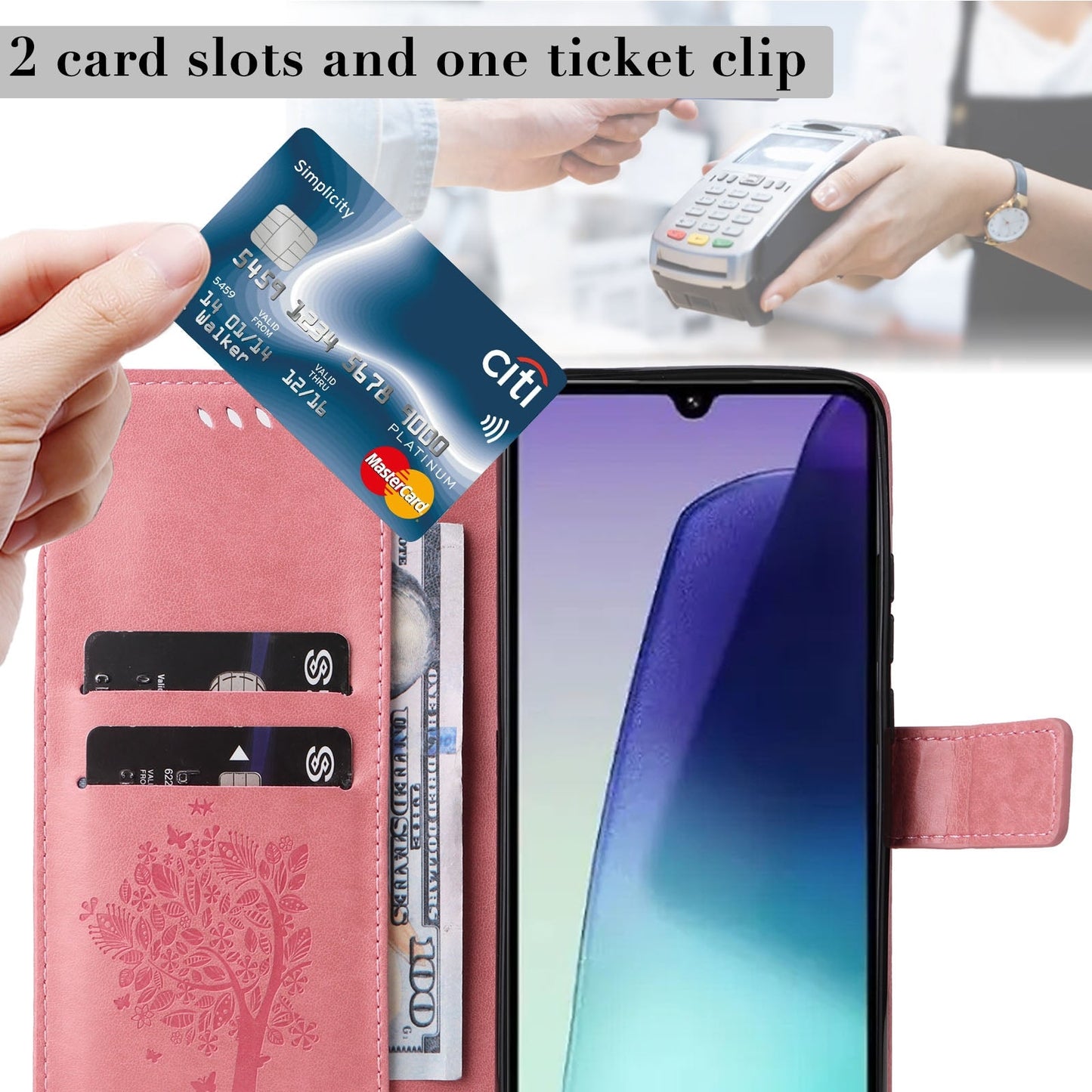 For Redmi 14C 4G Global Tree & Cat Embossed Pattern Flip Leather Phone Case(Pink)