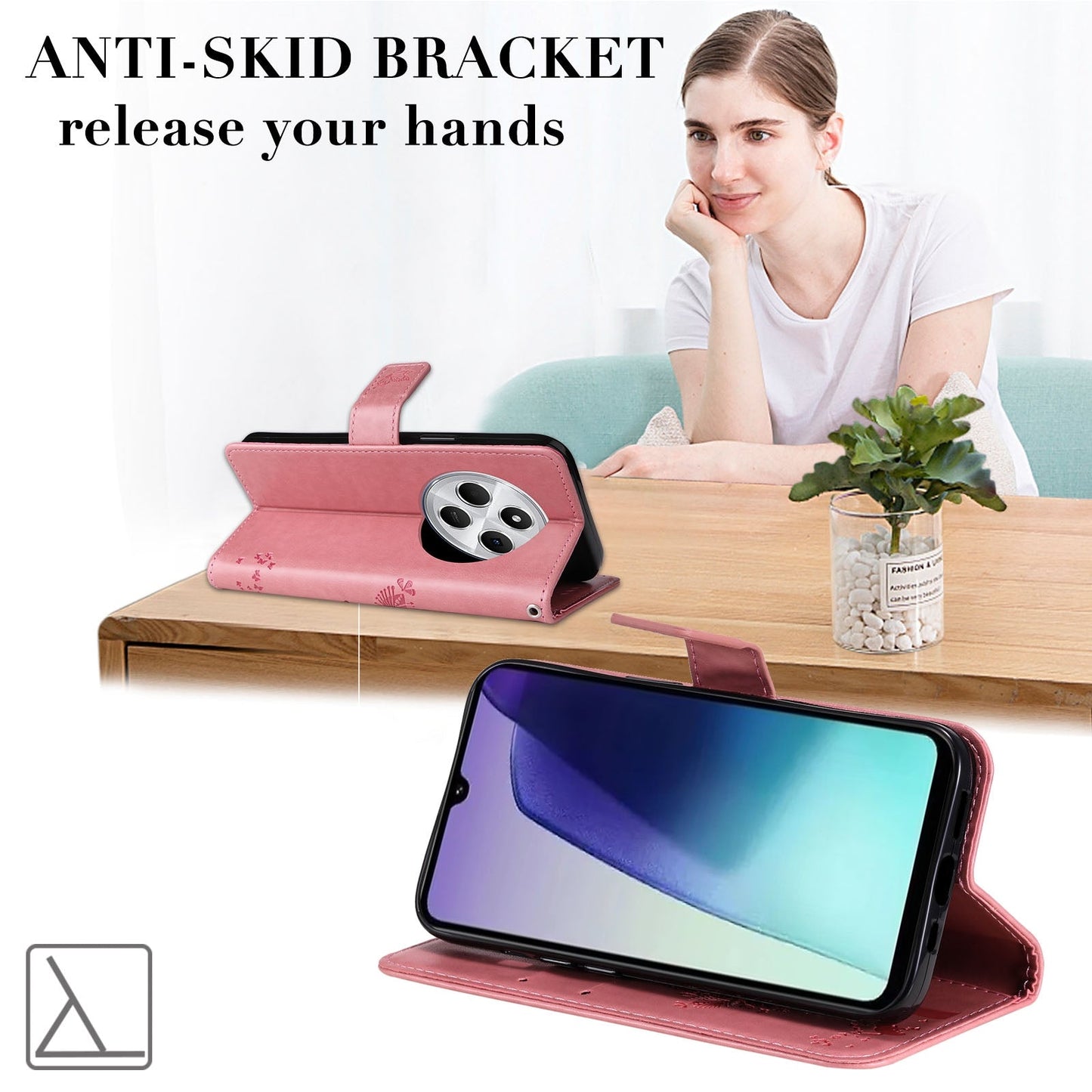 For Redmi 14C 4G Global Tree & Cat Embossed Pattern Flip Leather Phone Case(Pink)