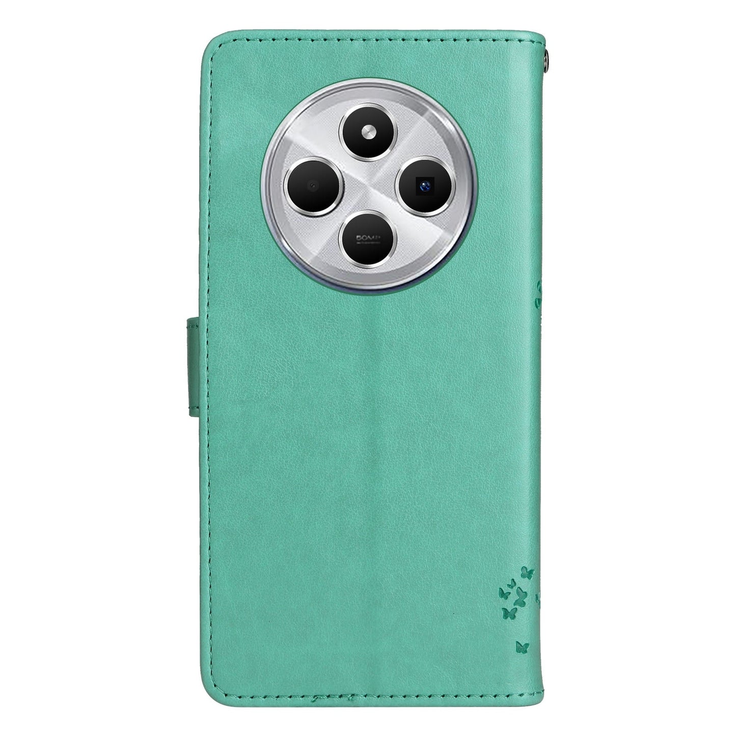 For Redmi 14C 4G Global Tree & Cat Embossed Pattern Flip Leather Phone Case(Green)