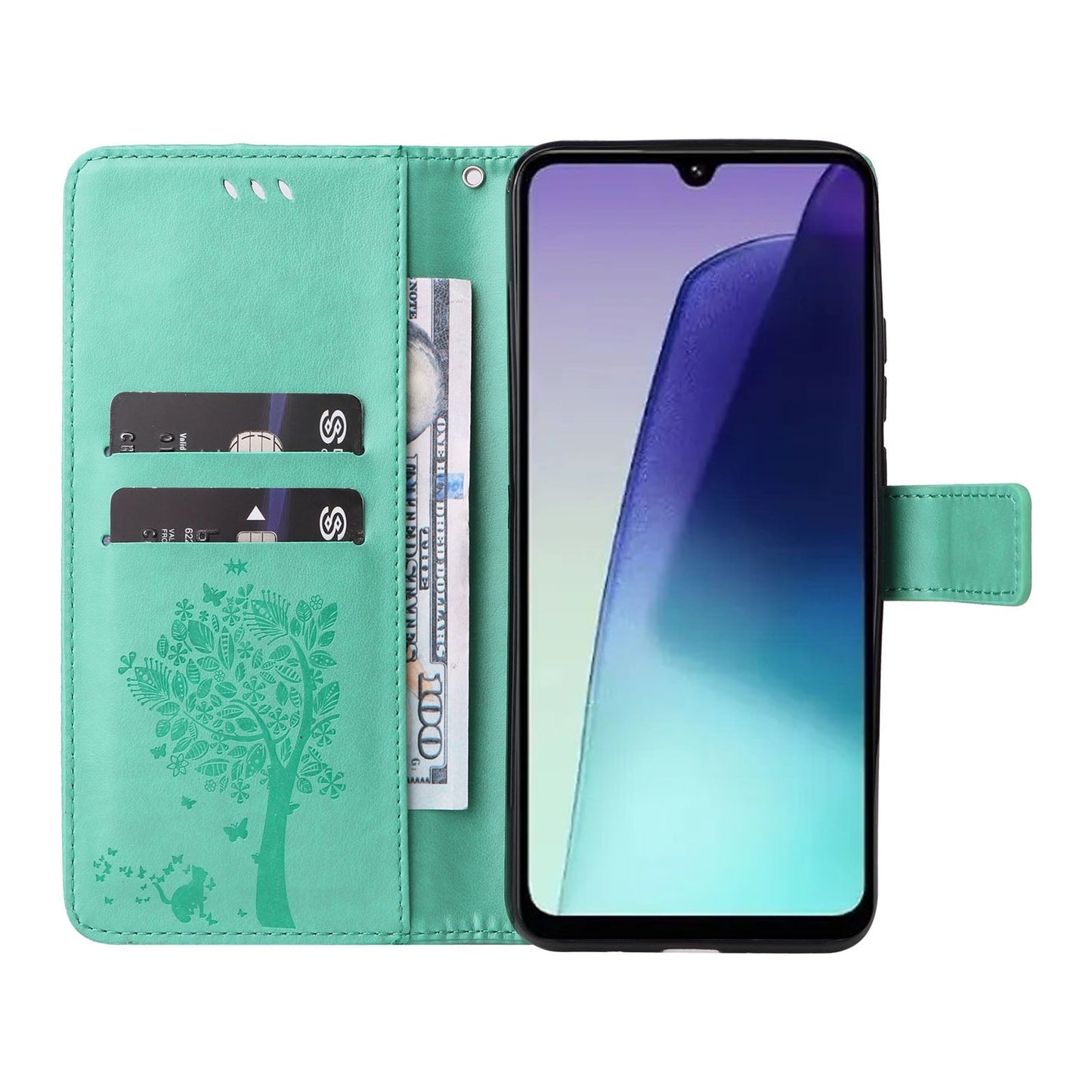 For Redmi 14C 4G Global Tree & Cat Embossed Pattern Flip Leather Phone Case(Green)