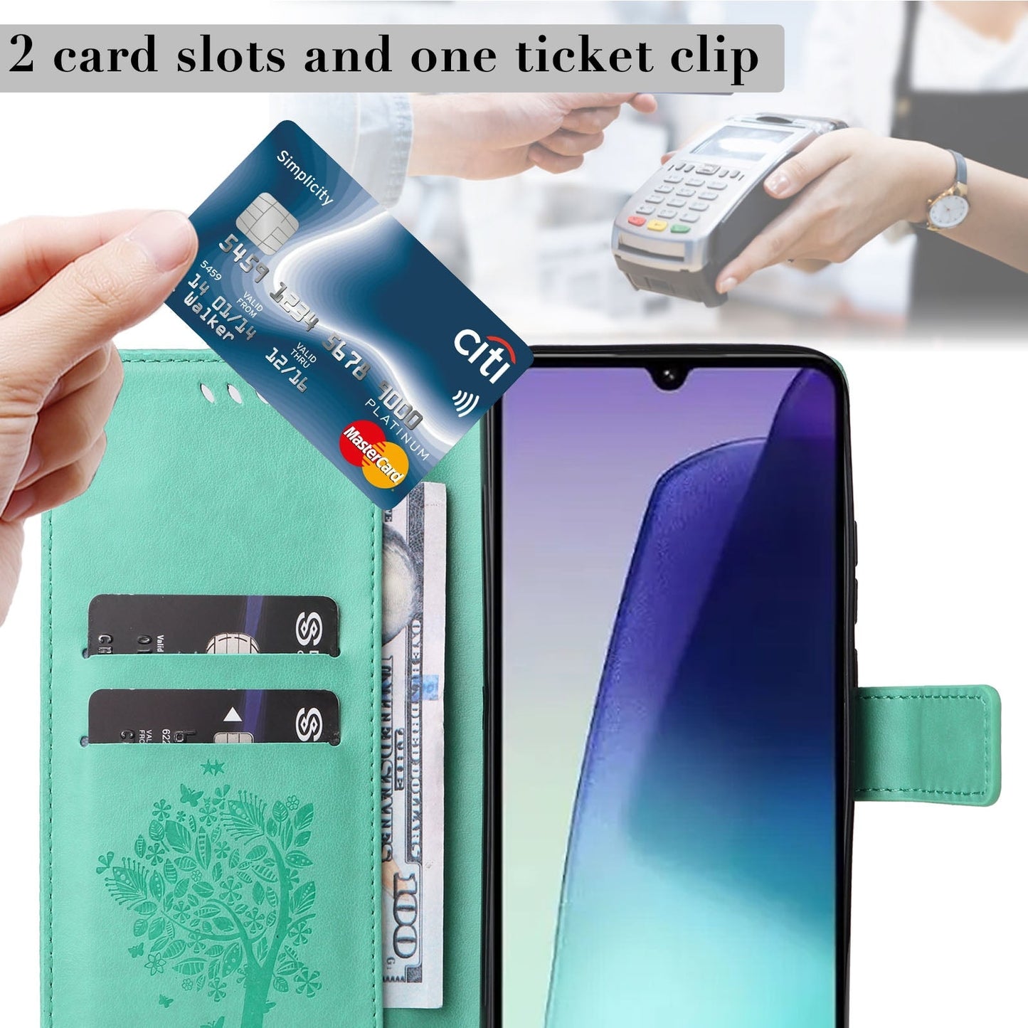 For Redmi 14C 4G Global Tree & Cat Embossed Pattern Flip Leather Phone Case(Green)