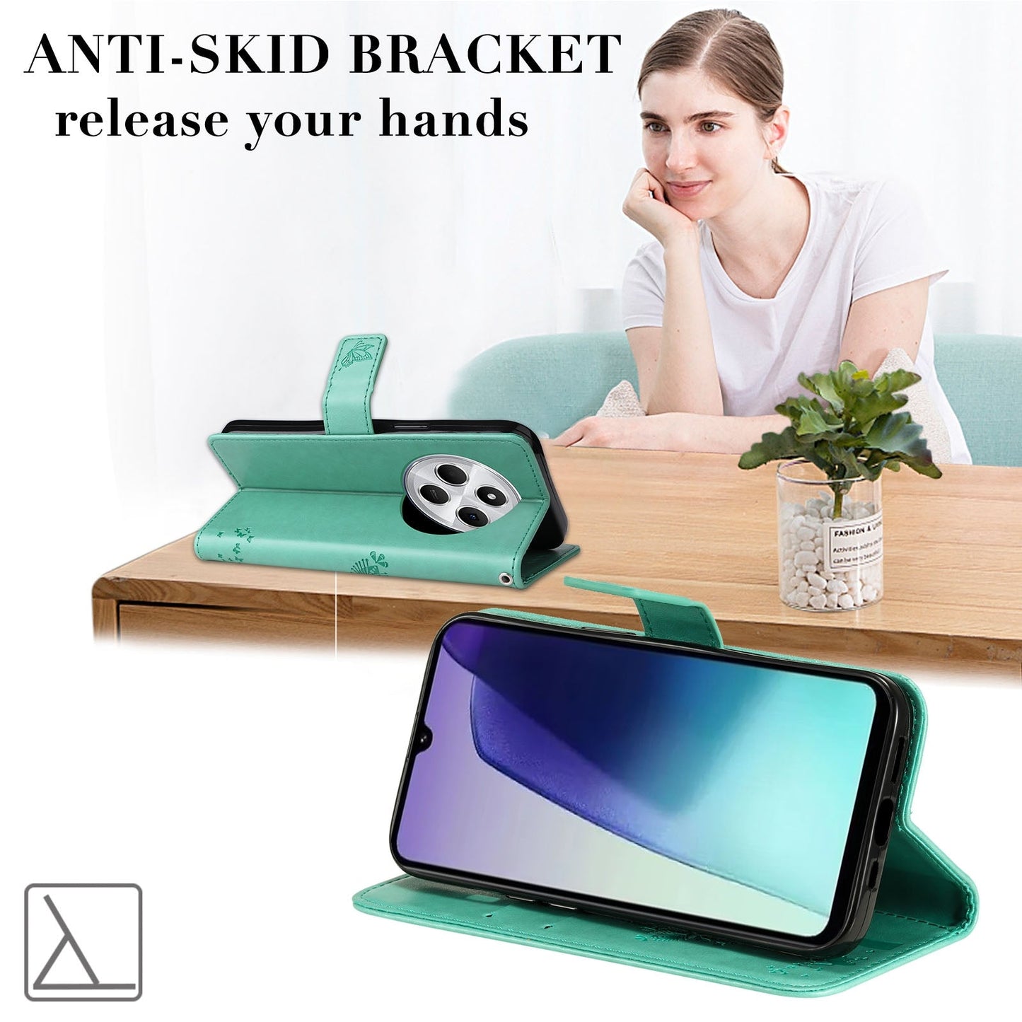 For Redmi 14C 4G Global Tree & Cat Embossed Pattern Flip Leather Phone Case(Green)