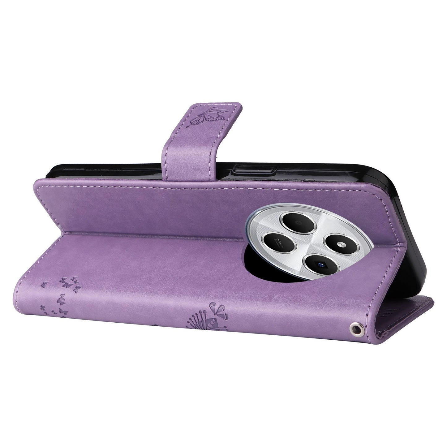 For Redmi 14C 4G Global Tree & Cat Embossed Pattern Flip Leather Phone Case(Light Purple)