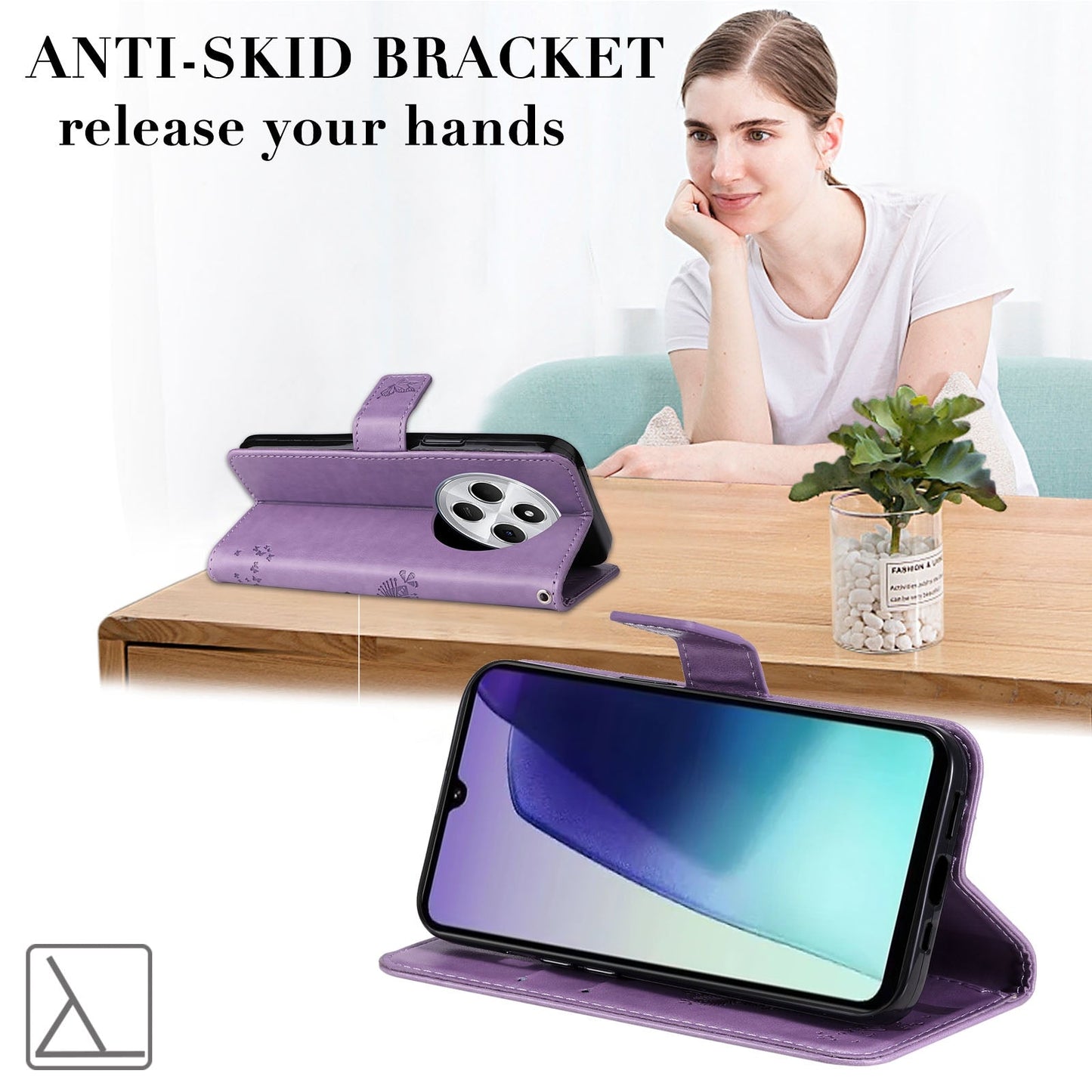 For Redmi 14C 4G Global Tree & Cat Embossed Pattern Flip Leather Phone Case(Light Purple)