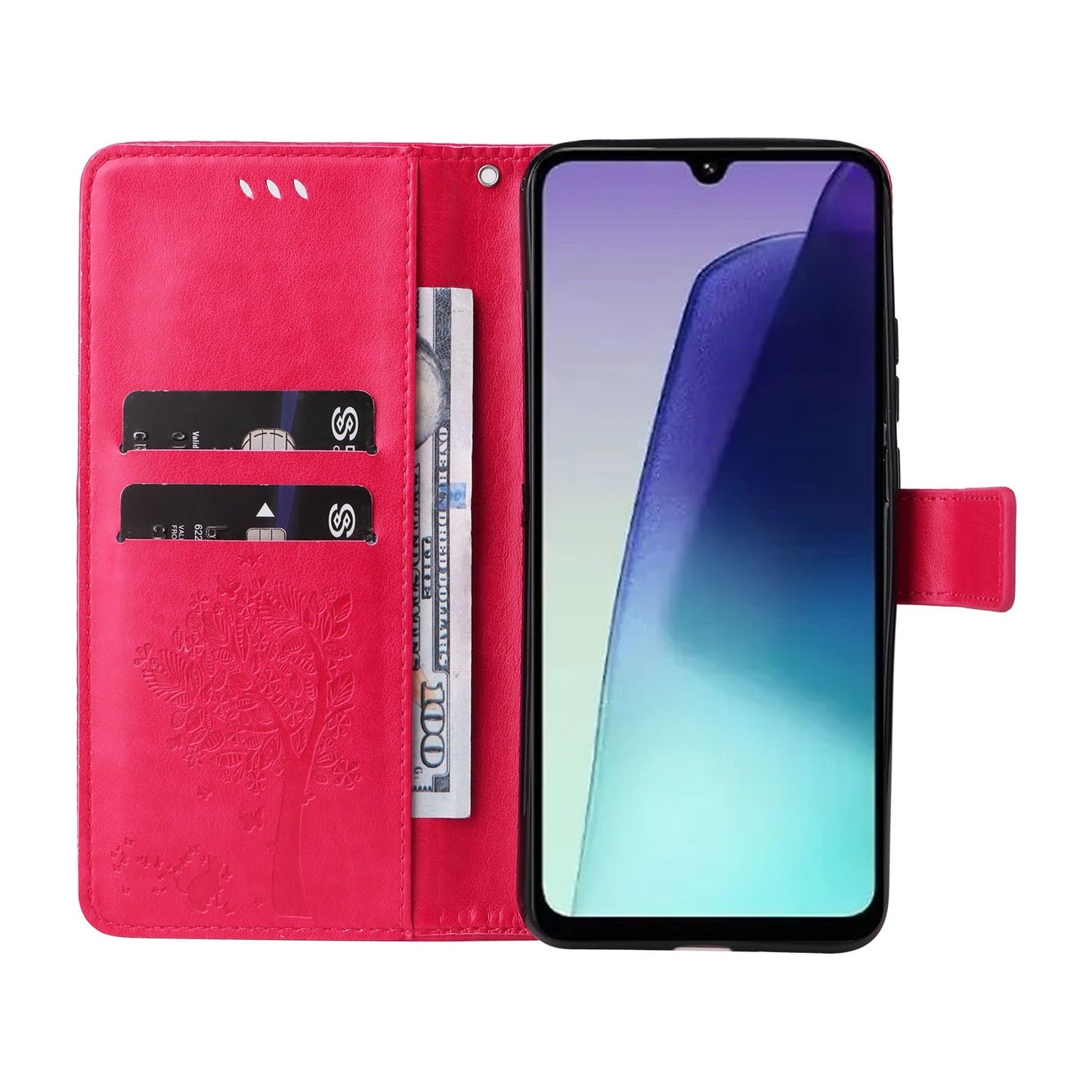 For Redmi 14C 4G Global Tree & Cat Embossed Pattern Flip Leather Phone Case(Rose Red)