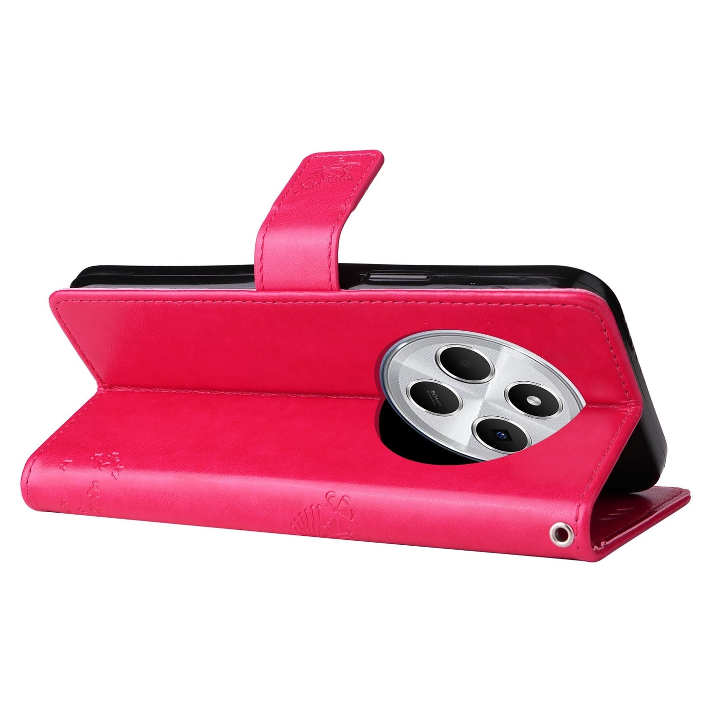 For Redmi 14C 4G Global Tree & Cat Embossed Pattern Flip Leather Phone Case(Rose Red)