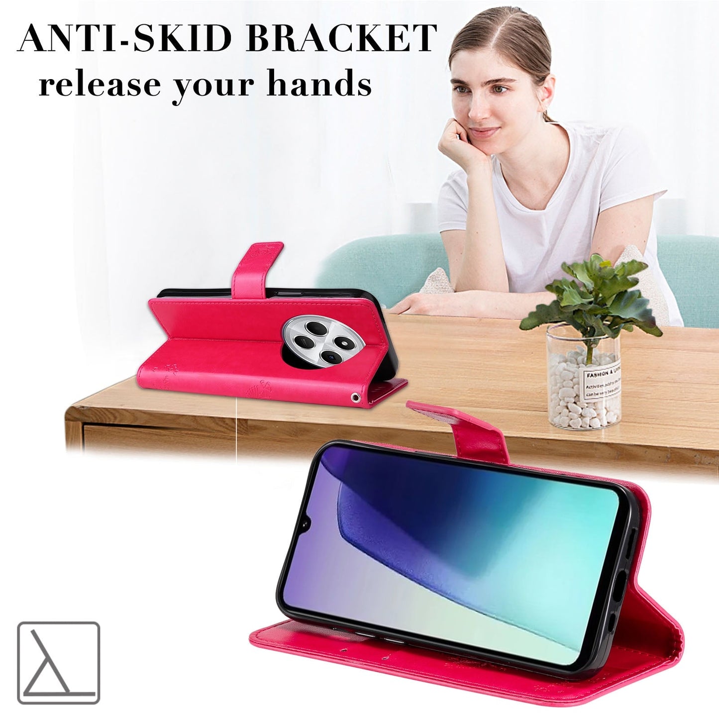 For Redmi 14C 4G Global Tree & Cat Embossed Pattern Flip Leather Phone Case(Rose Red)