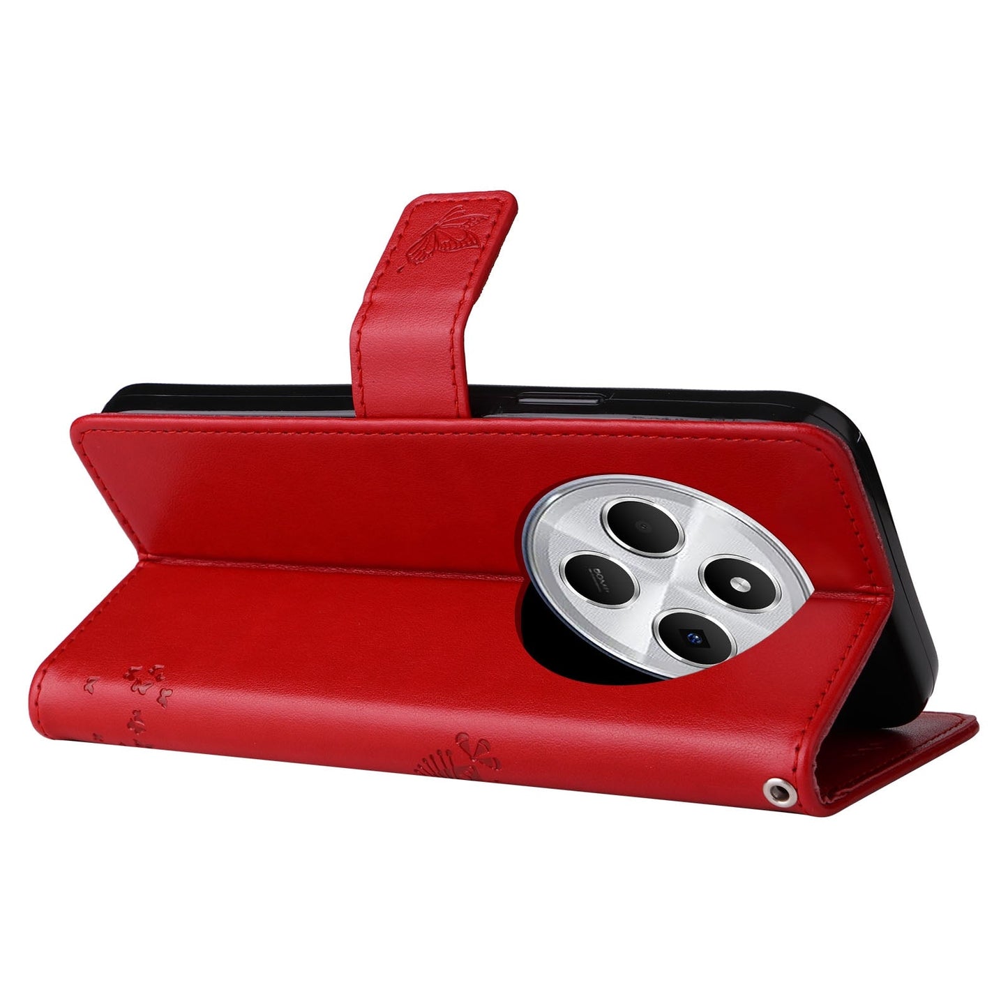 For Redmi 14C 4G Global Tree & Cat Embossed Pattern Flip Leather Phone Case(Red)