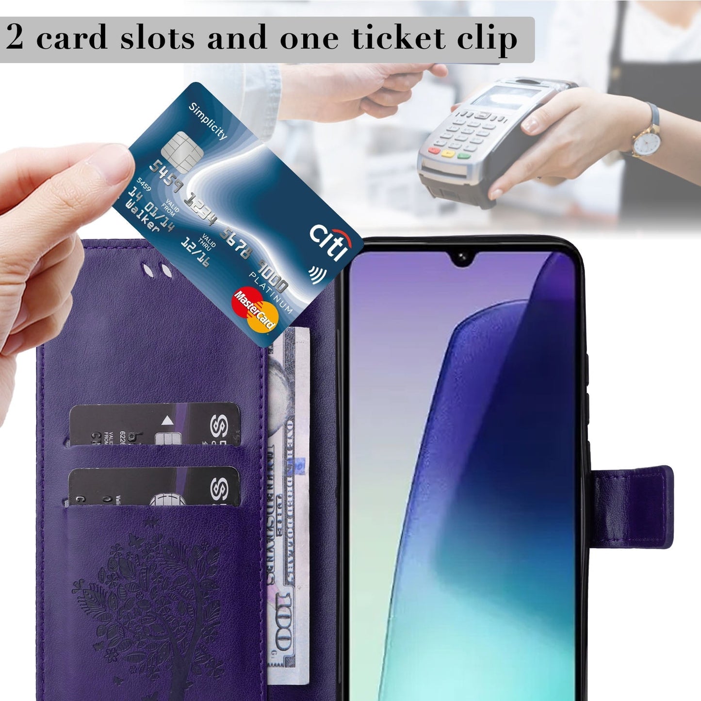 For Redmi 14C 4G Global Tree & Cat Embossed Pattern Flip Leather Phone Case(Purple)