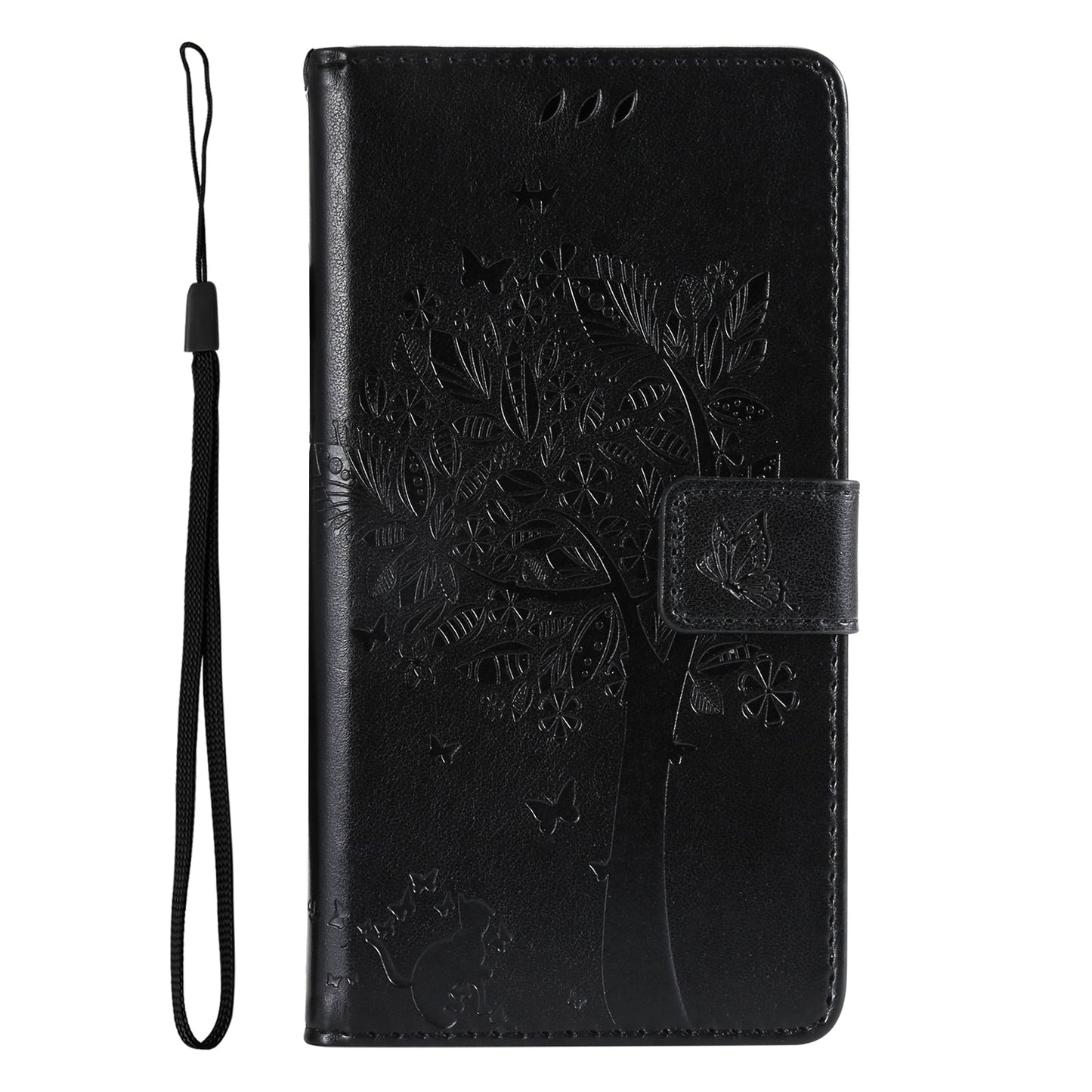 For Redmi 14C 4G Global Tree & Cat Embossed Pattern Flip Leather Phone Case(Black)