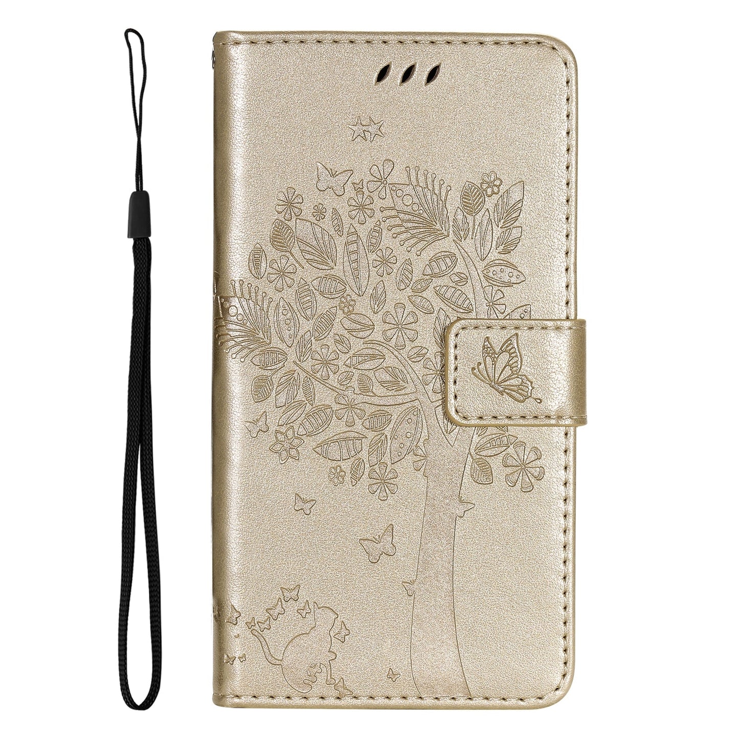 For Redmi 14C 4G Global Tree & Cat Embossed Pattern Flip Leather Phone Case(Gold)