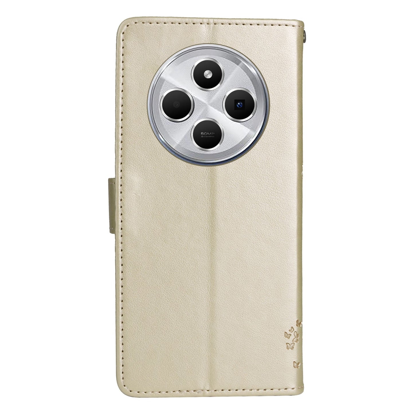 For Redmi 14C 4G Global Tree & Cat Embossed Pattern Flip Leather Phone Case(Gold)
