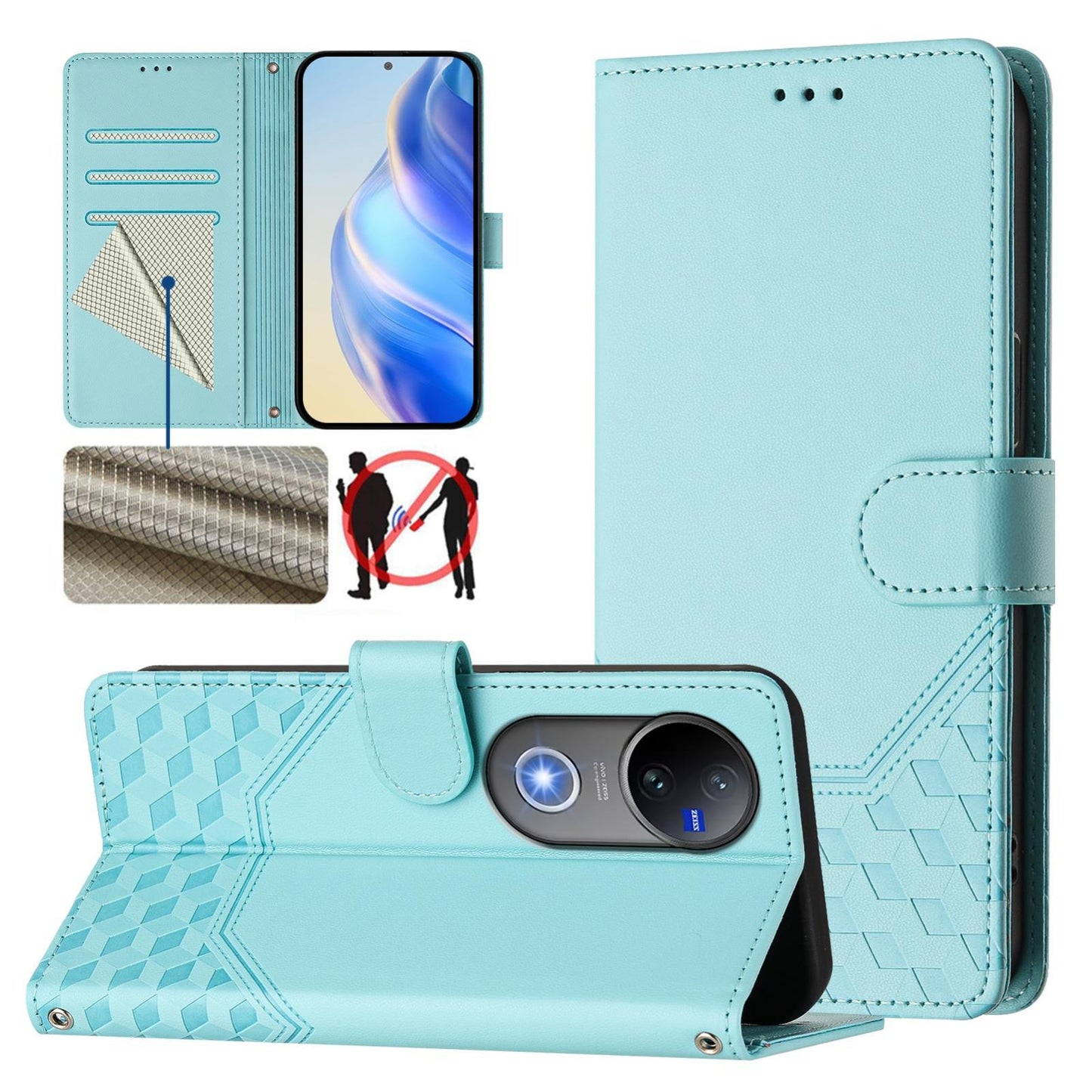 For vivo V50 5G Global Honeycomb Embossing RFID Leather Phone Case(Mint Green)