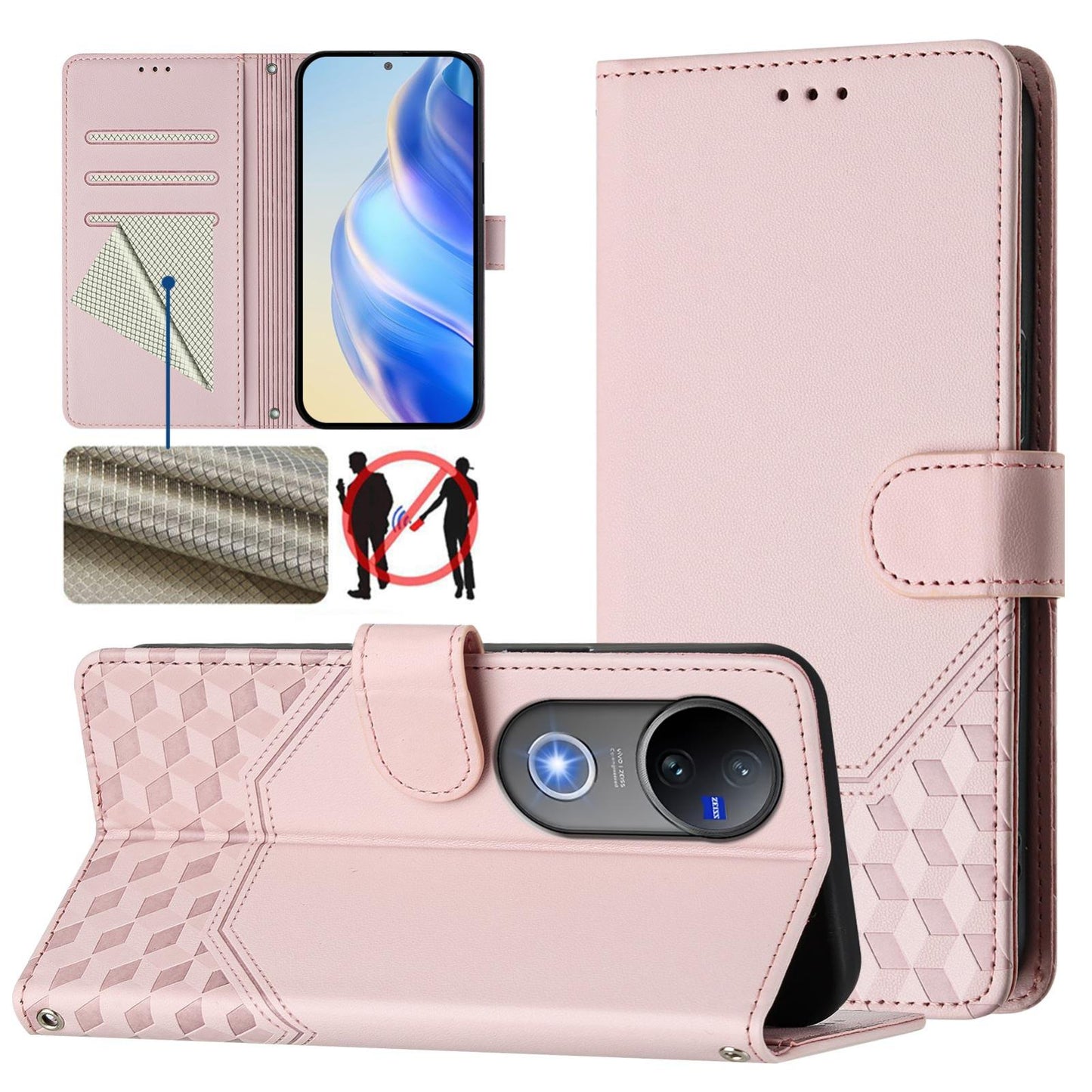 For vivo V50 5G Global Honeycomb Embossing RFID Leather Phone Case(Pink)