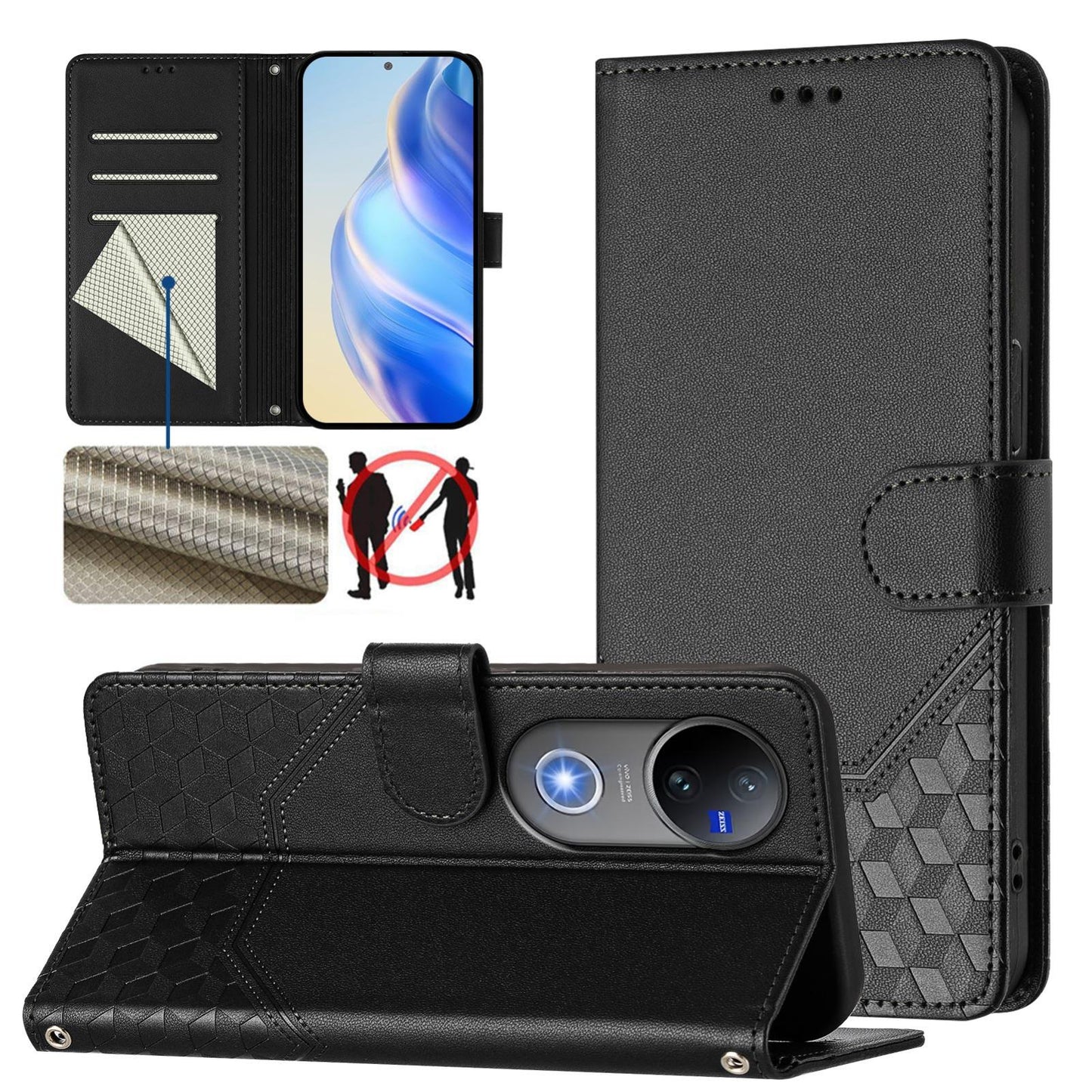 For vivo V50 5G Global Honeycomb Embossing RFID Leather Phone Case(Black)