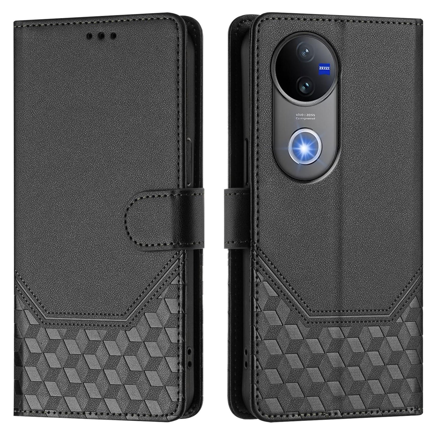 For vivo V50 5G Global Honeycomb Embossing RFID Leather Phone Case(Black)