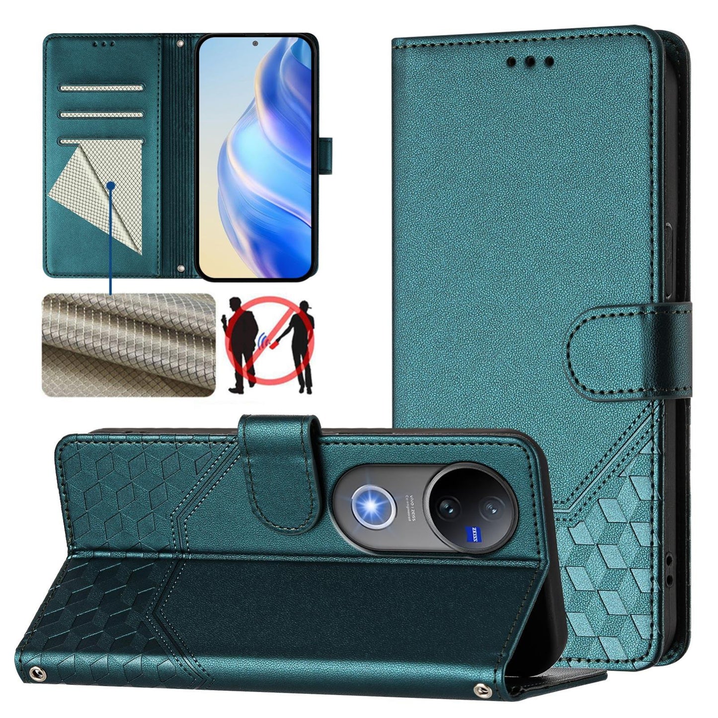 For vivo V50 5G Global Honeycomb Embossing RFID Leather Phone Case(Peacock Green)