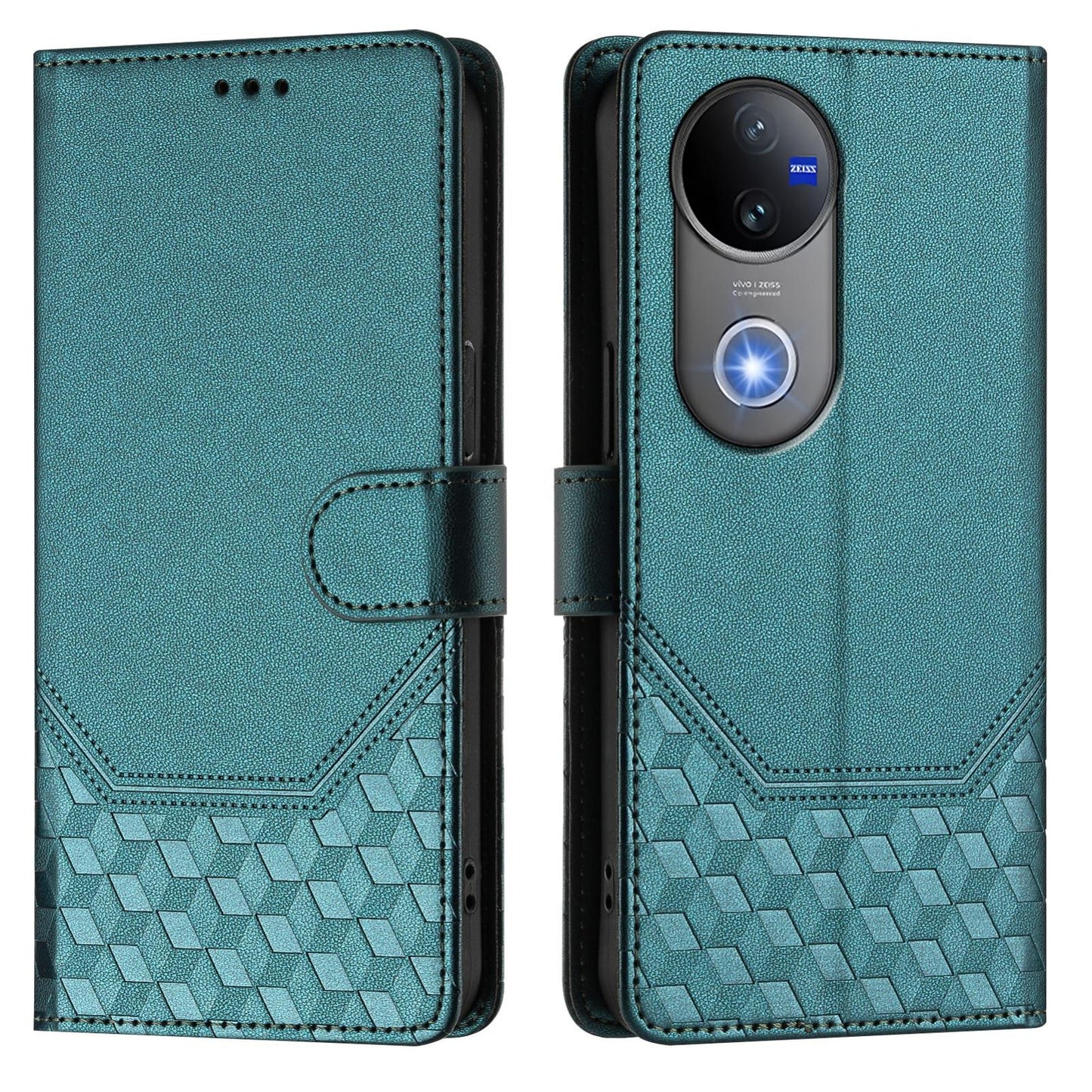 For vivo V50 5G Global Honeycomb Embossing RFID Leather Phone Case(Peacock Green)